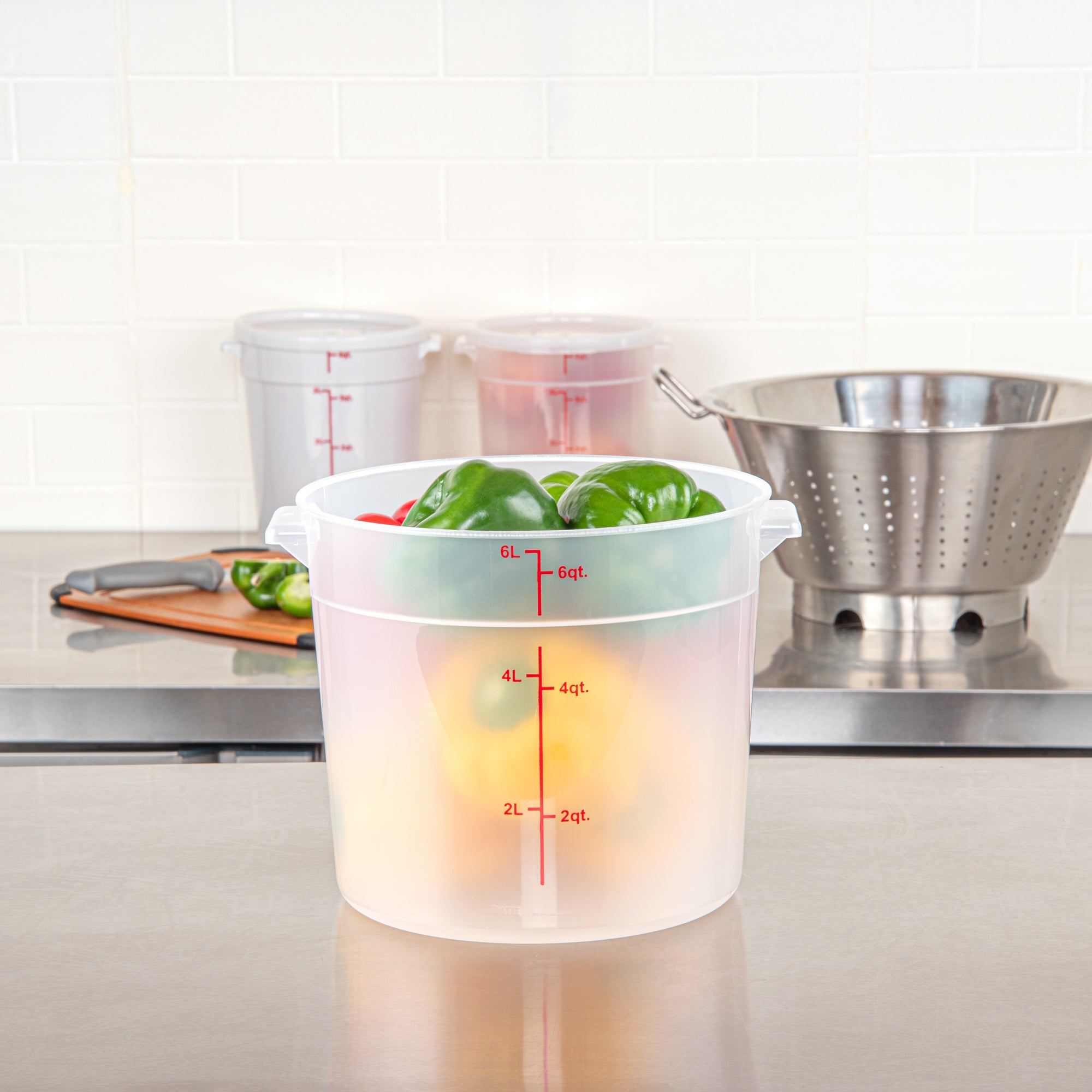 Met Lux 6 qt Round Translucent Plastic Food Storage Container - with Red Volume Markers - 8 3/4" x 8 3/4" x 7 3/4" - 1 count box