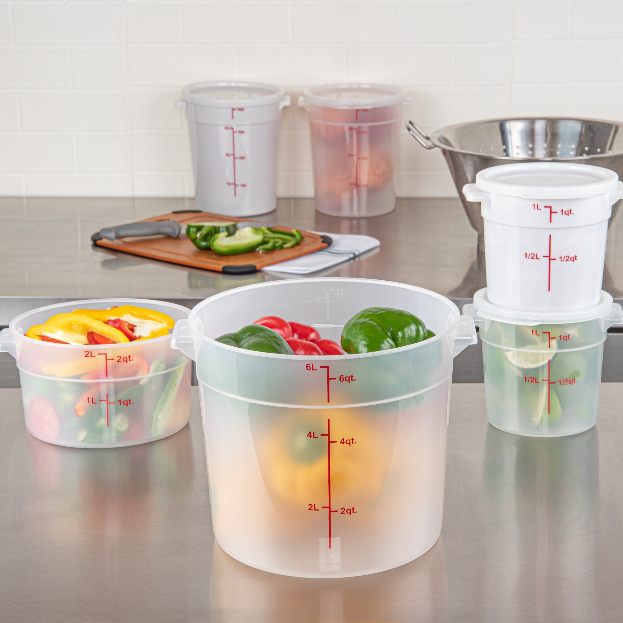 Met Lux 6 qt Round Translucent Plastic Food Storage Container - with Red Volume Markers - 8 3/4" x 8 3/4" x 7 3/4" - 10 count box