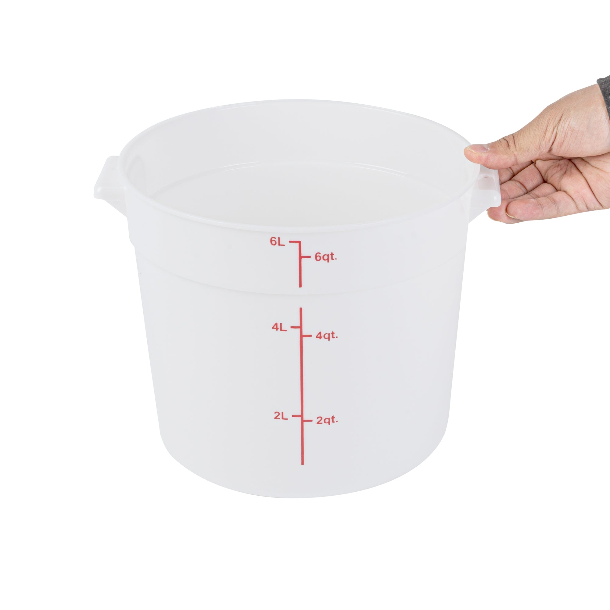 Met Lux 6 qt Round White Plastic Food Storage Container - with Red Volume Markers - 8 3/4" x 8 3/4" x 7 3/4" - 1 count box