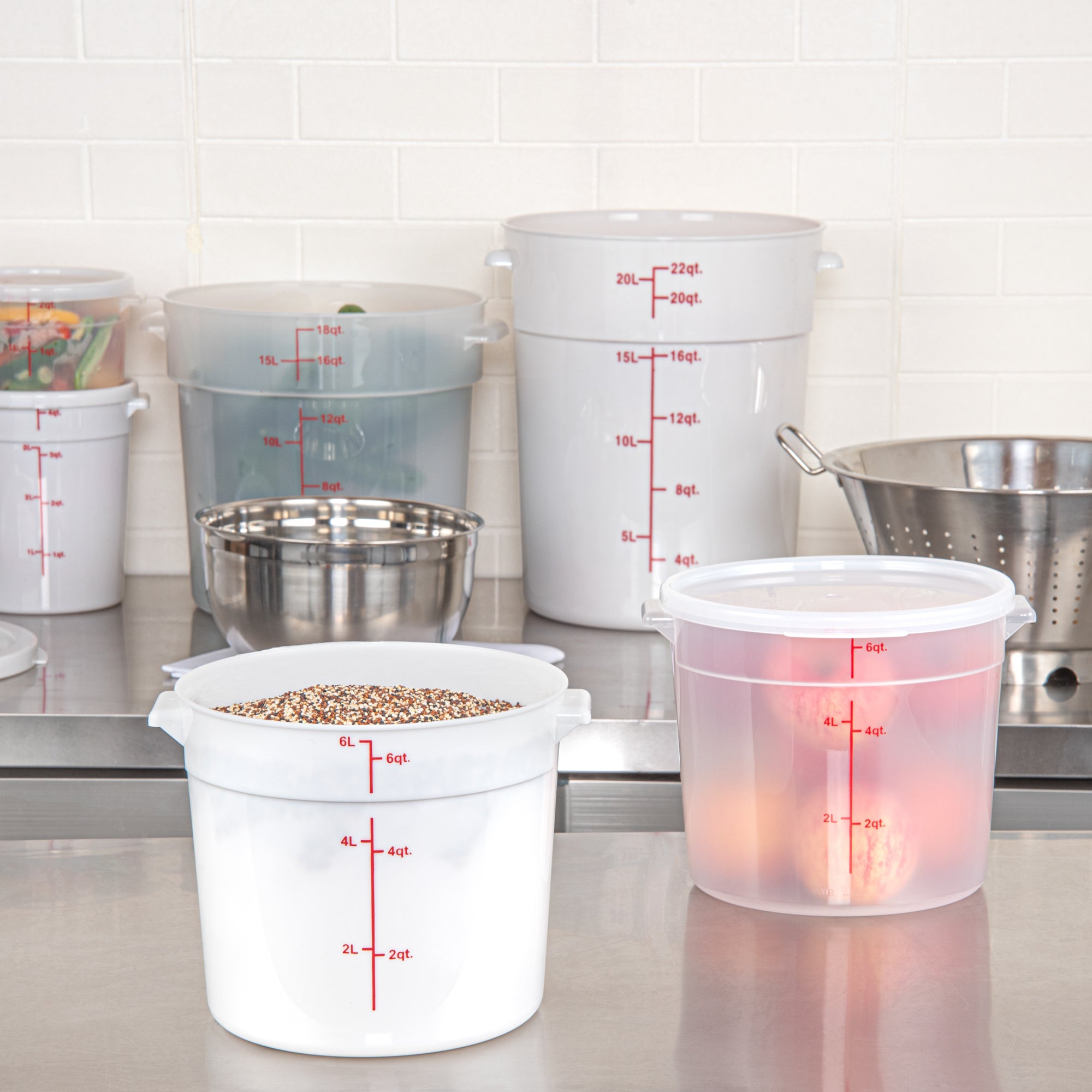 Met Lux 6 qt Round White Plastic Food Storage Container - with Red Volume Markers - 8 3/4" x 8 3/4" x 7 3/4" - 1 count box