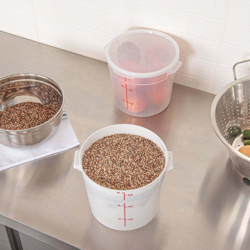 Met Lux 6 qt Round White Plastic Food Storage Container - with Red Volume Markers - 8 3/4" x 8 3/4" x 7 3/4" - 1 count box