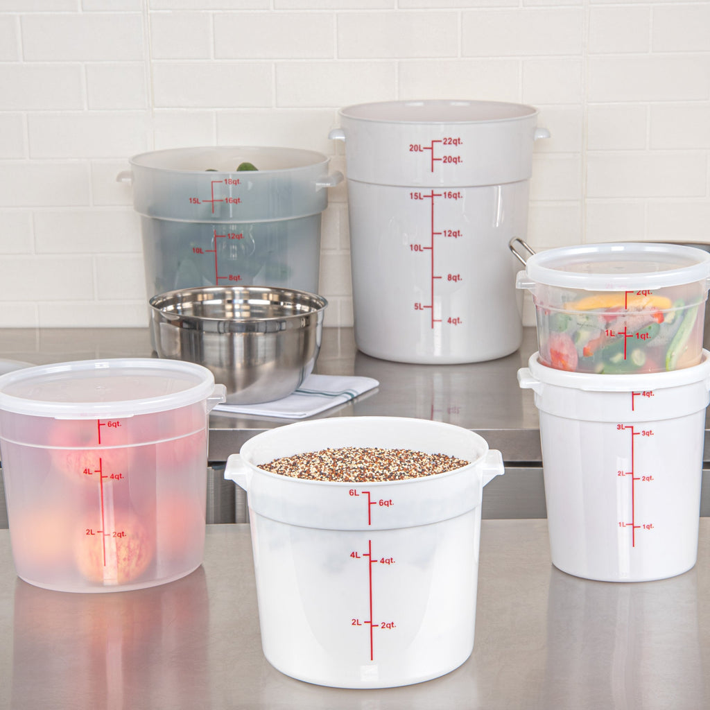 Met Lux 6 qt Round White Plastic Food Storage Container - with Red Volume Markers - 8 3/4" x 8 3/4" x 7 3/4" - 10 count box