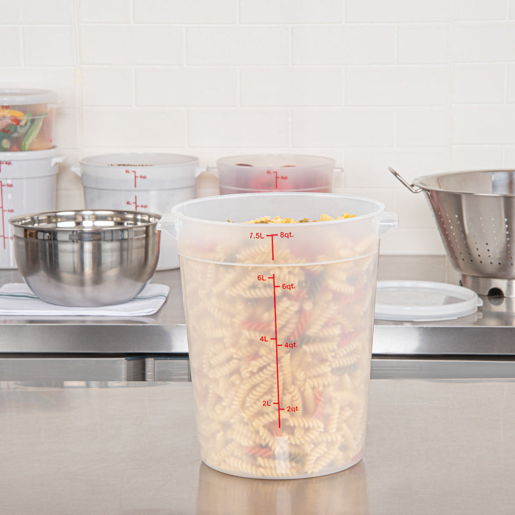 Met Lux 8 qt Round Translucent Plastic Food Storage Container - with Red Volume Markers - 8 3/4" x 8 3/4" x 10 3/4" - 1 count box