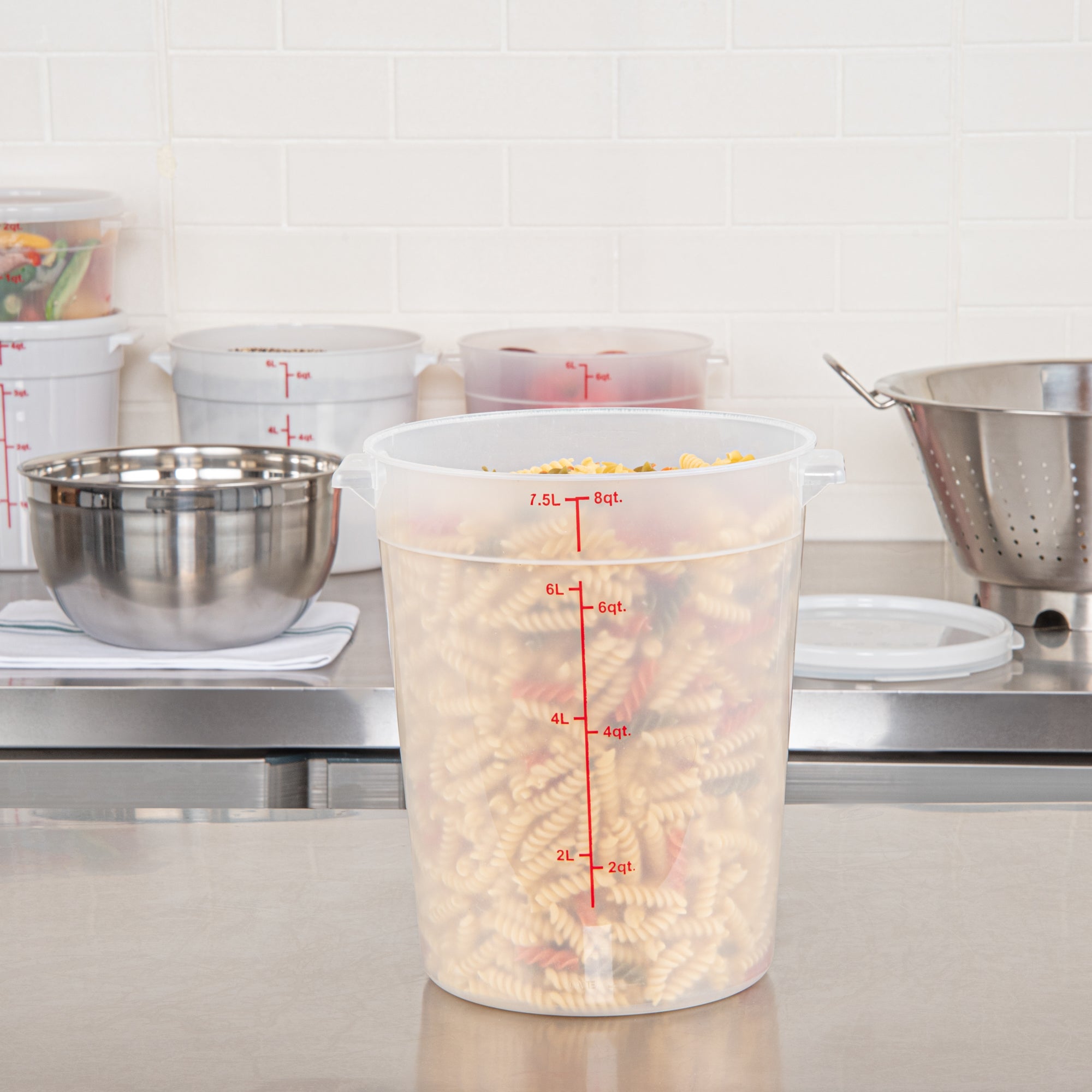 Met Lux 8 qt Round Translucent Plastic Food Storage Container - with Red Volume Markers - 8 3/4" x 8 3/4" x 10 3/4" - 10 count box