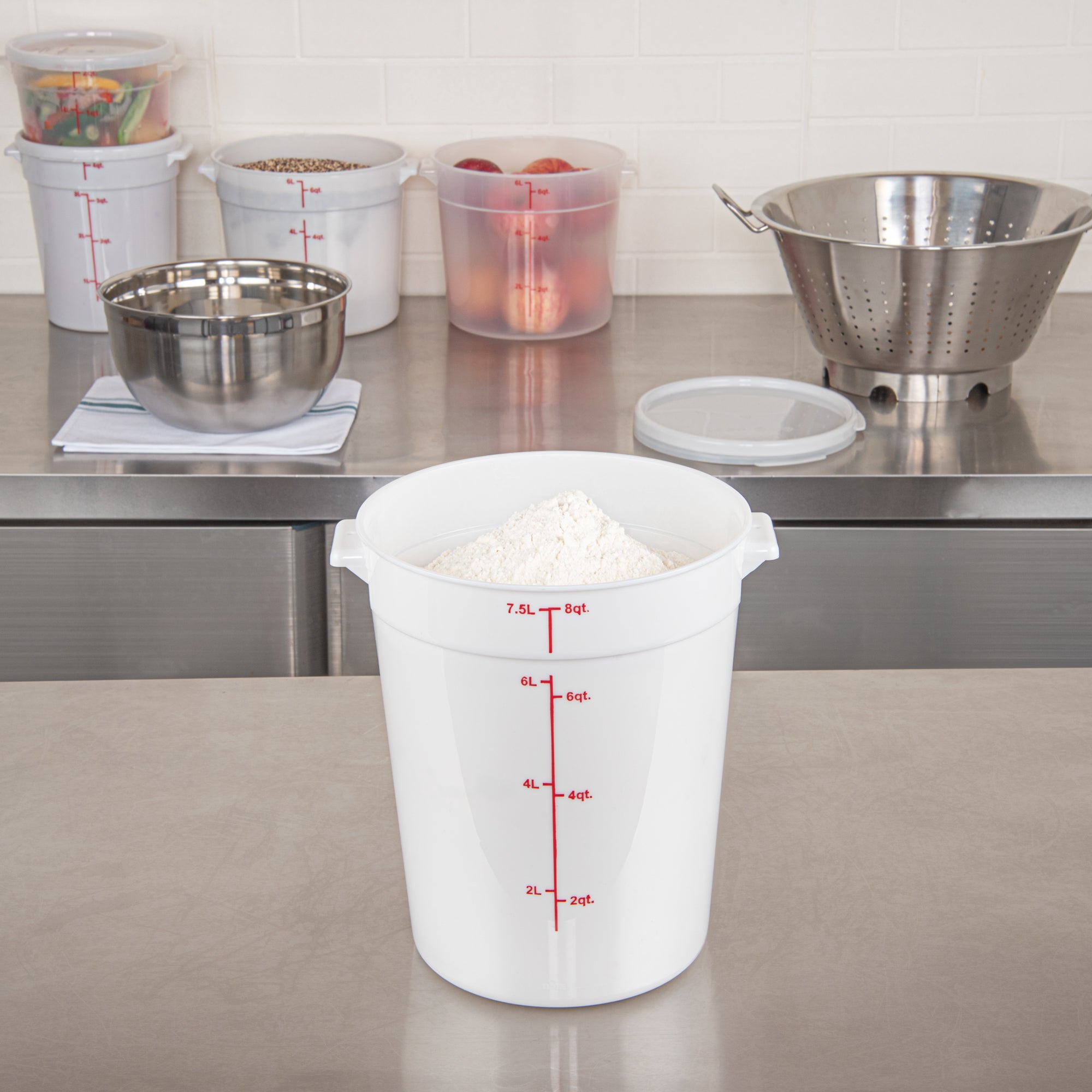Met Lux 8 qt Round White Plastic Food Storage Container - with Red Volume Markers - 8 3/4" x 8 3/4" x 10 3/4" - 1 count box