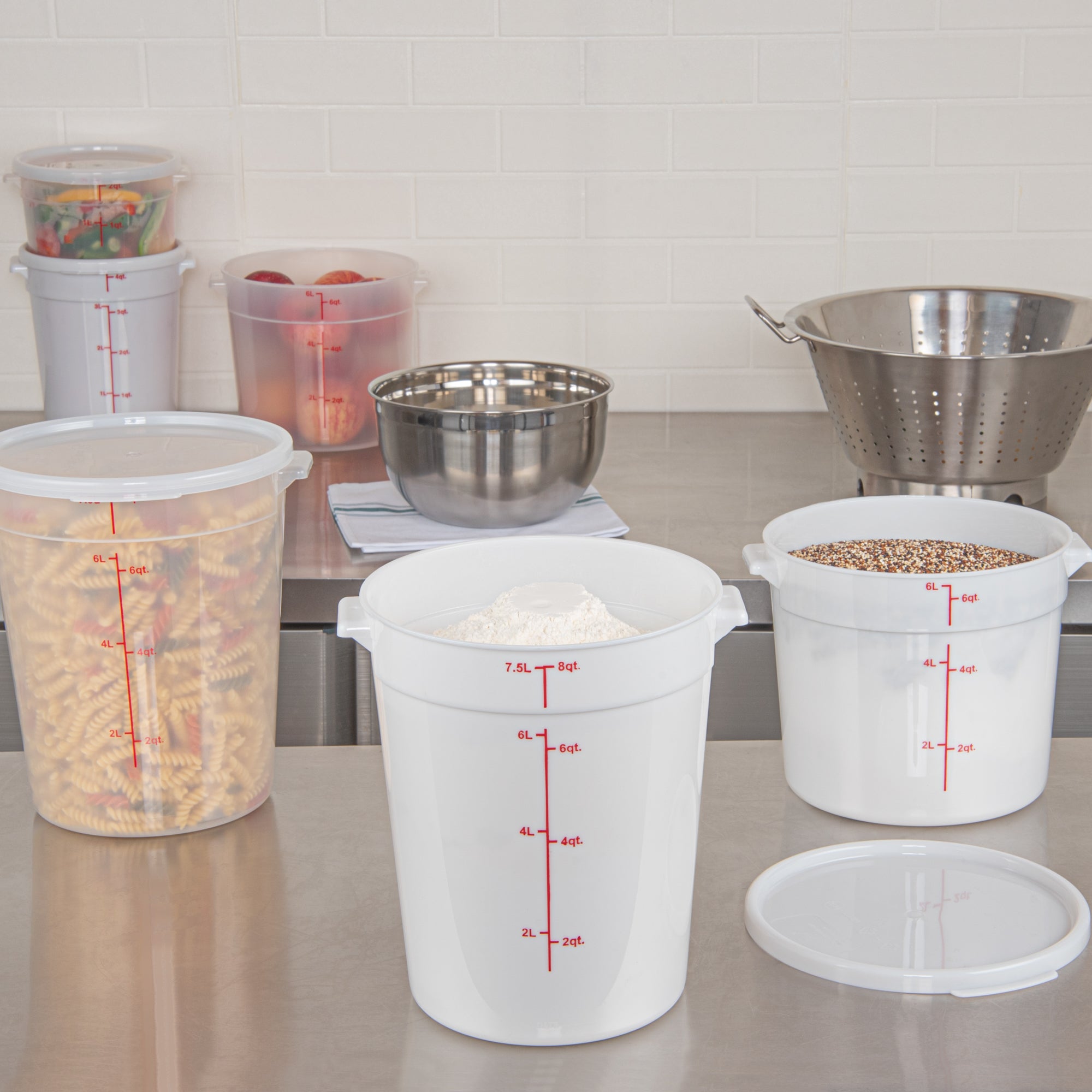 Met Lux 8 qt Round White Plastic Food Storage Container - with Red Volume Markers - 8 3/4" x 8 3/4" x 10 3/4" - 10 count box