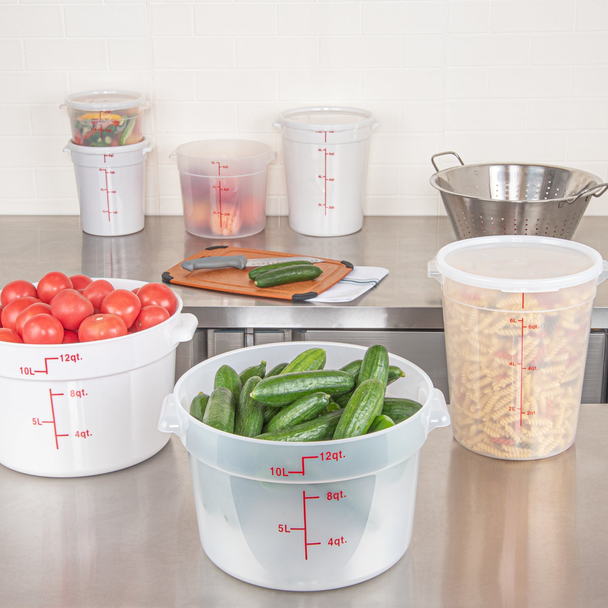 Met Lux 12 qt Round Translucent Plastic Food Storage Container - with Red Volume Markers - 12 1/4" x 12 1/4" x 8" - 10 count box