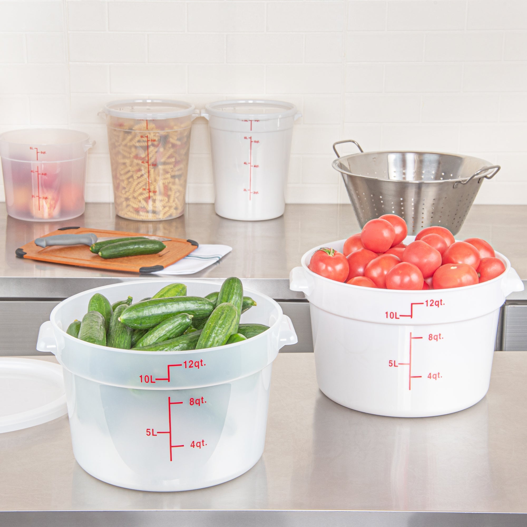 Met Lux 12 qt Round Translucent Plastic Food Storage Container - with Red Volume Markers - 12 1/4" x 12 1/4" x 8" - 10 count box