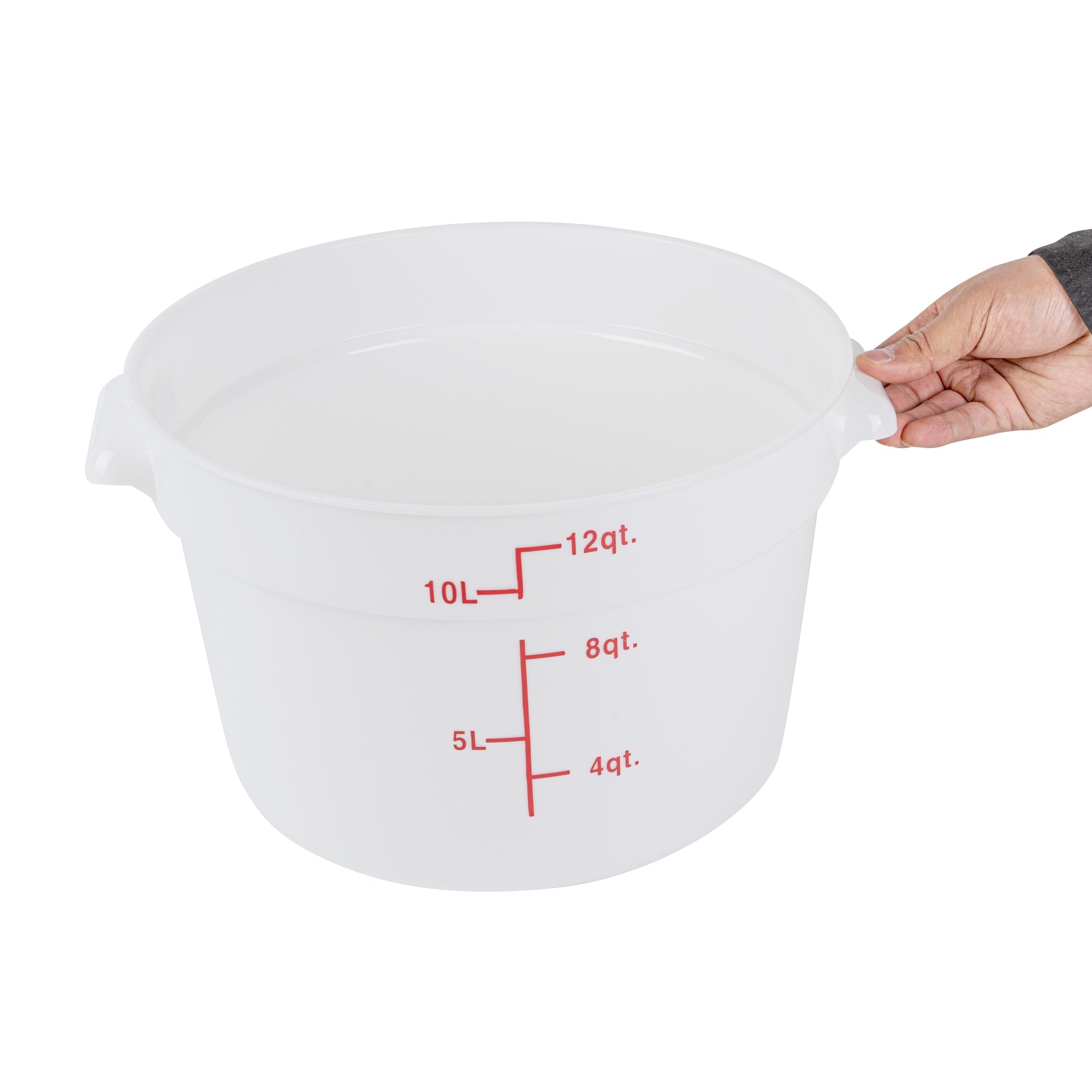 Met Lux 12 qt Round White Plastic Food Storage Container - with Red Volume Markers - 12 1/4" x 12 1/4" x 8" - 10 count box