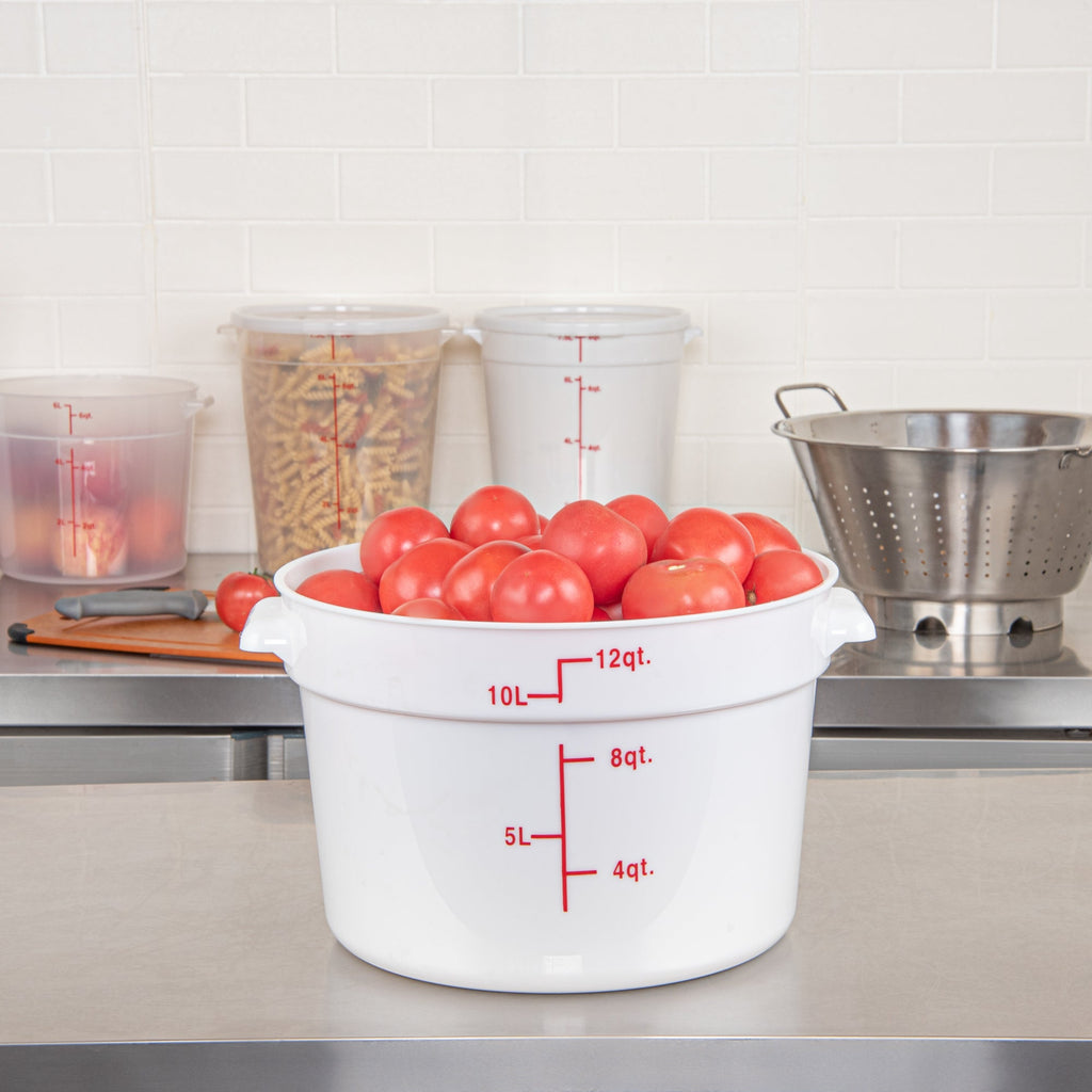 Met Lux 12 qt Round White Plastic Food Storage Container - with Red Volume Markers - 12 1/4" x 12 1/4" x 8" - 10 count box