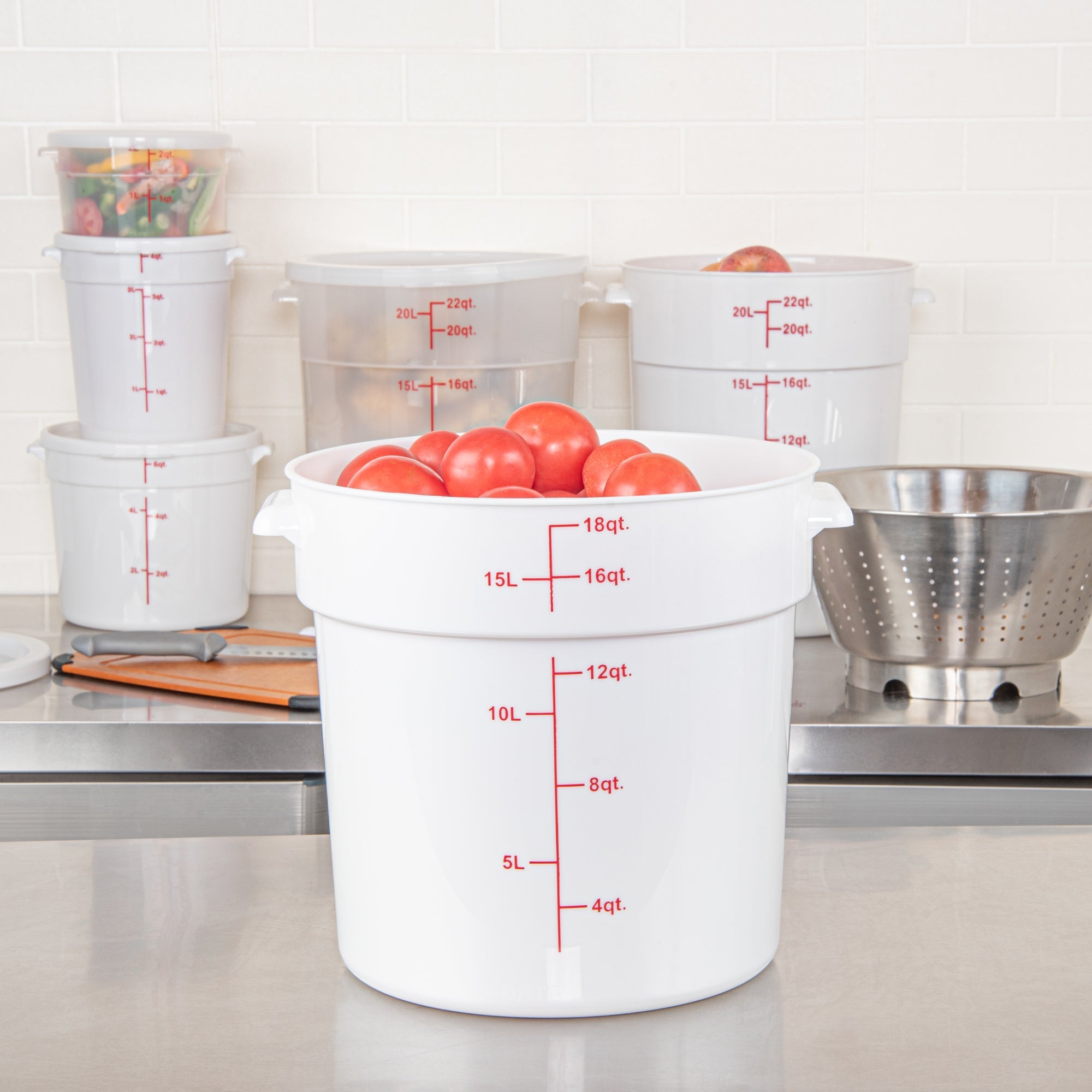 Met Lux 18 qt Round White Plastic Food Storage Container - with Red Volume Markers - 12 1/4" x 12 1/4" x 12" - 1 count box