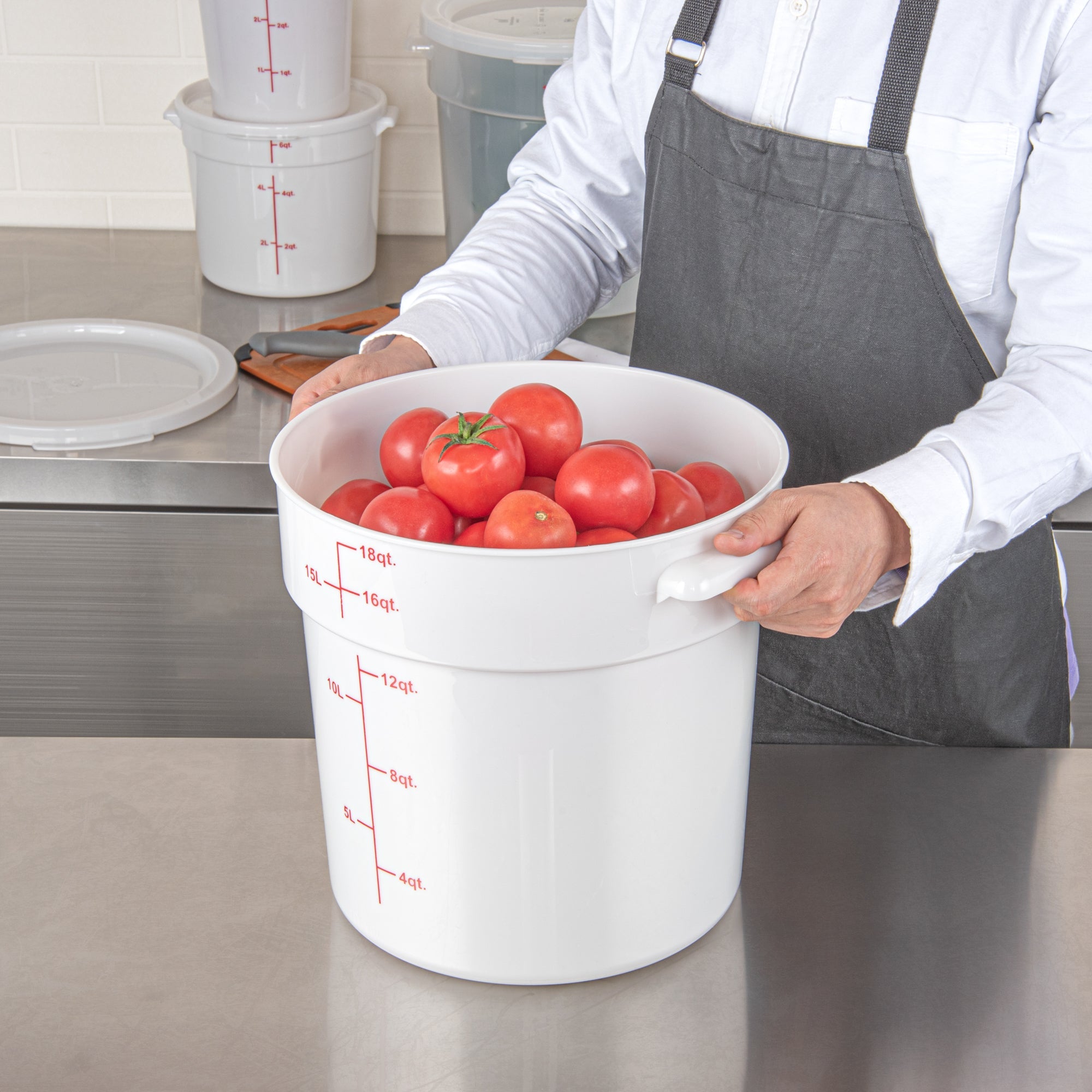 Met Lux 18 qt Round White Plastic Food Storage Container - with Red Volume Markers - 12 1/4" x 12 1/4" x 12" - 1 count box