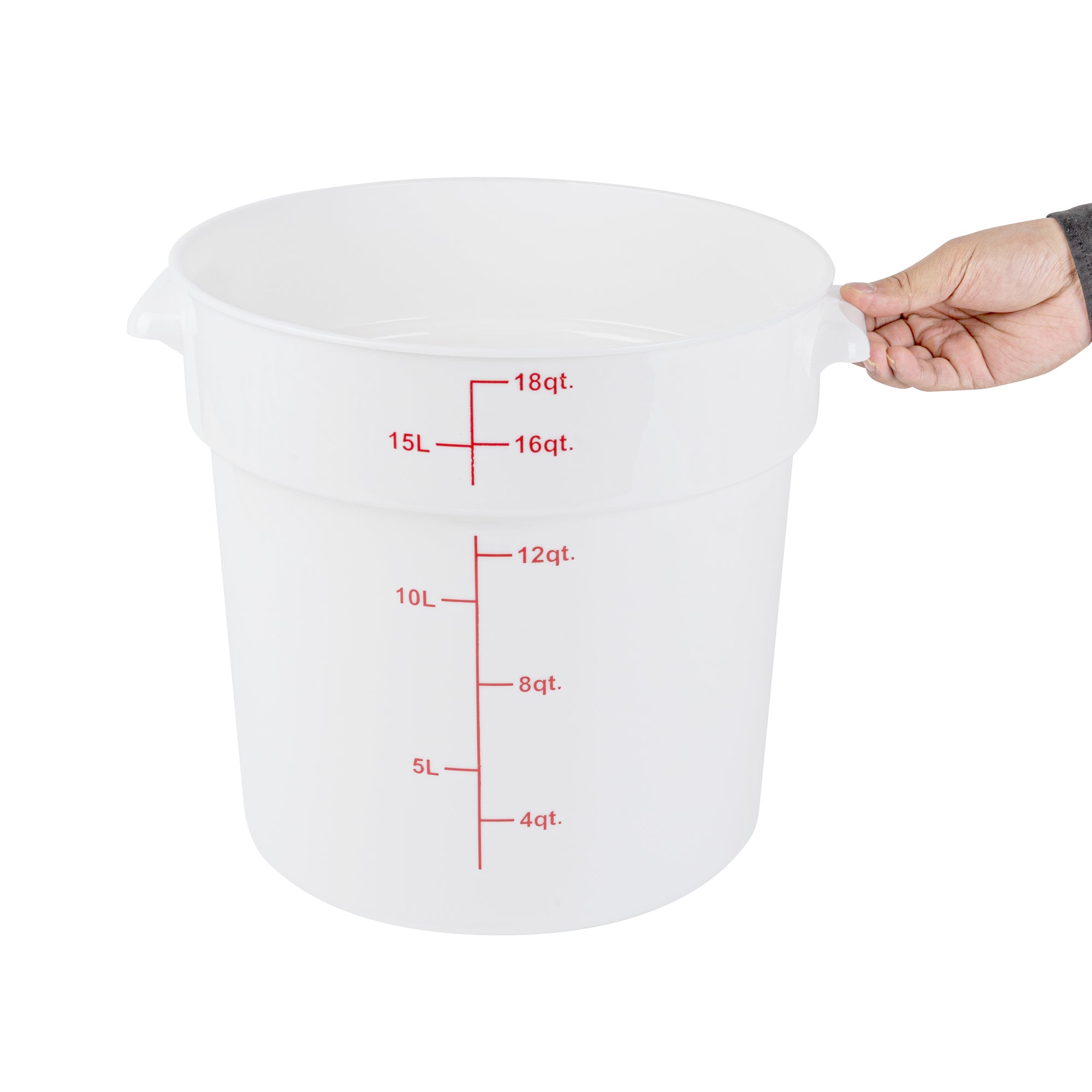 Met Lux 18 qt Round White Plastic Food Storage Container - with Red Volume Markers - 12 1/4" x 12 1/4" x 12" - 10 count box