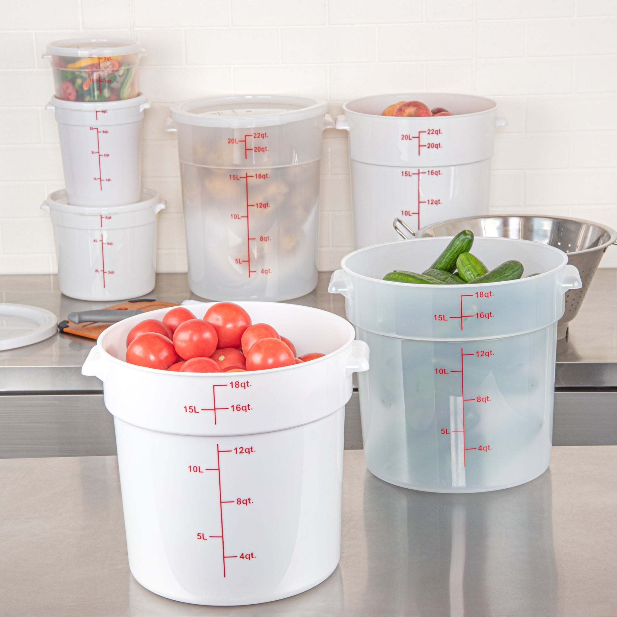 Met Lux 18 qt Round White Plastic Food Storage Container - with Red Volume Markers - 12 1/4" x 12 1/4" x 12" - 10 count box