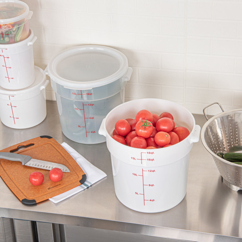 Met Lux 18 qt Round White Plastic Food Storage Container - with Red Volume Markers - 12 1/4" x 12 1/4" x 12" - 10 count box