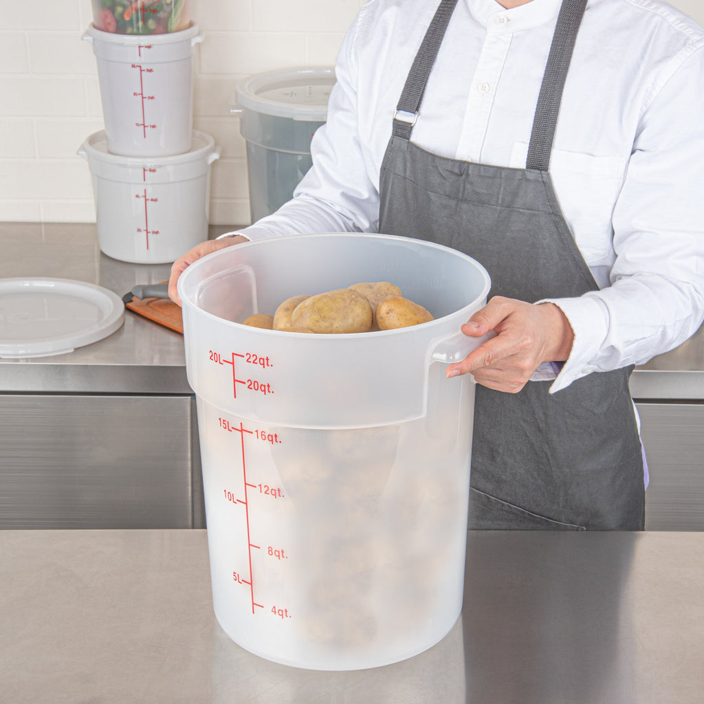 Met Lux 22 qt Round Translucent Plastic Food Storage Container - with Red Volume Markers - 12 1/4" x 12 1/4" x 15" - 10 count box