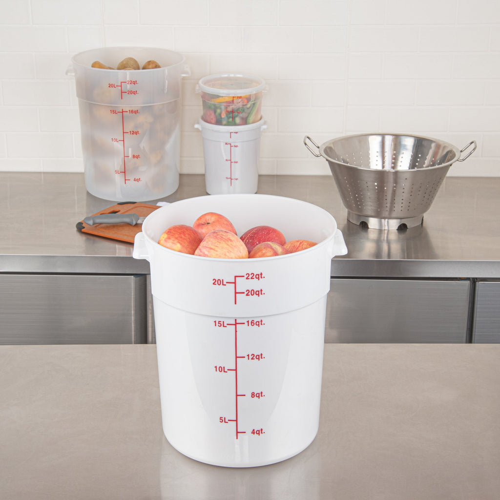 Met Lux 22 qt Round White Plastic Food Storage Container - with Red Volume Markers - 12 1/4" x 12 1/4" x 15" - 1 count box