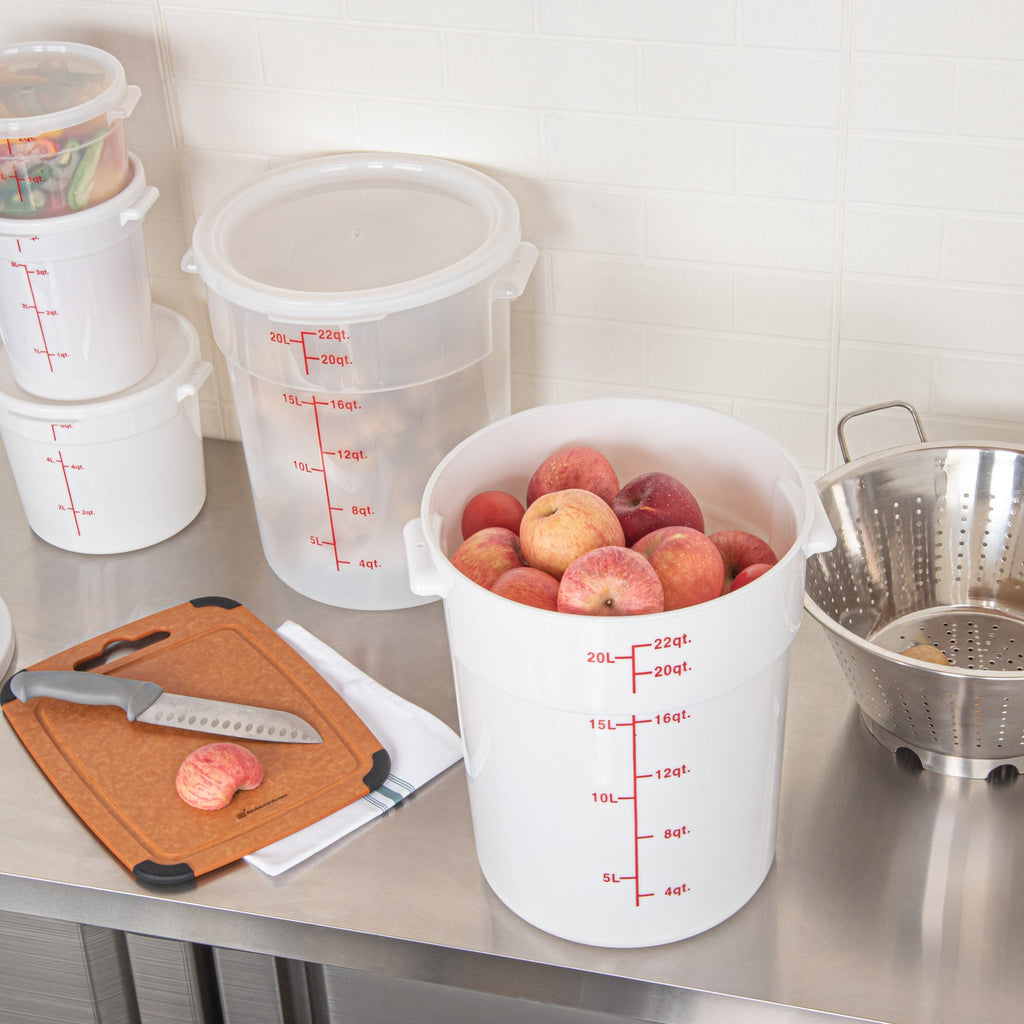 Met Lux 22 qt Round White Plastic Food Storage Container - with Red Volume Markers - 12 1/4" x 12 1/4" x 15" - 1 count box