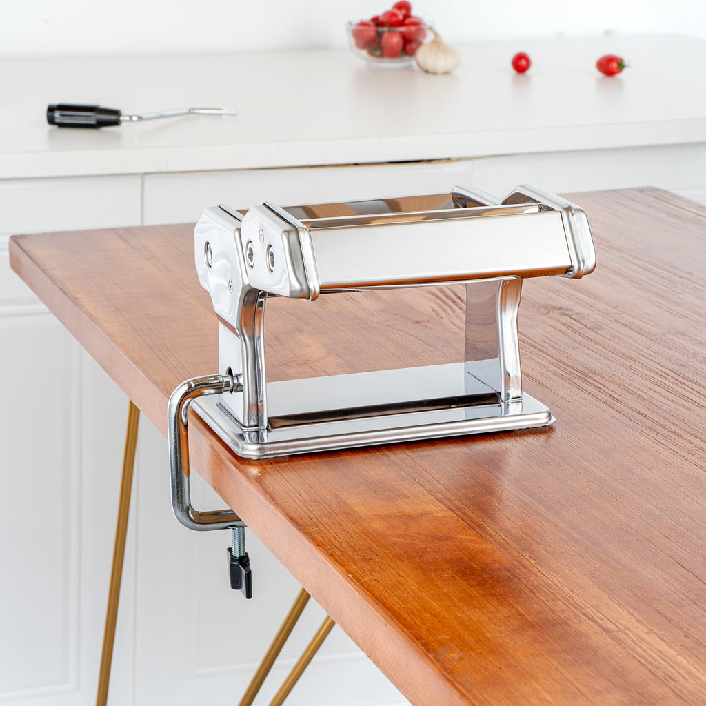 Met Lux Stainless Steel Manual Pasta Machine - 9 Adjustable Thickness Settings, with 2 Cutting Attachments - 1 count box