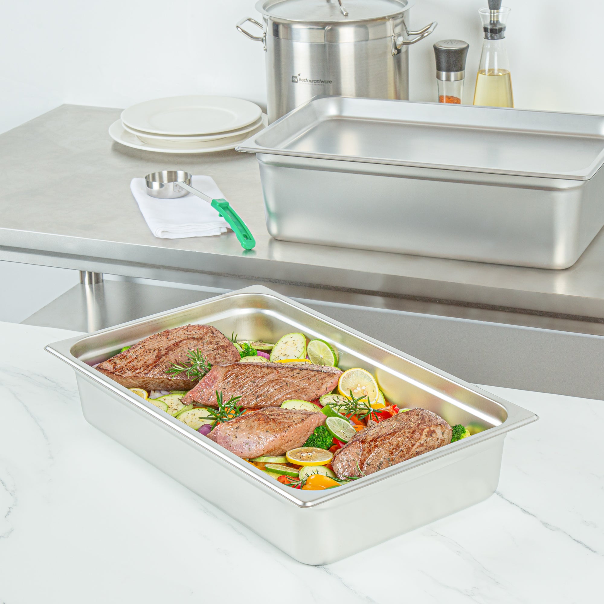 Kitchen Tek Stainless Steel Full Size Steam Table Pan - 4 Inch Deep, Anti Jam, 24 Gauge - 6 count box