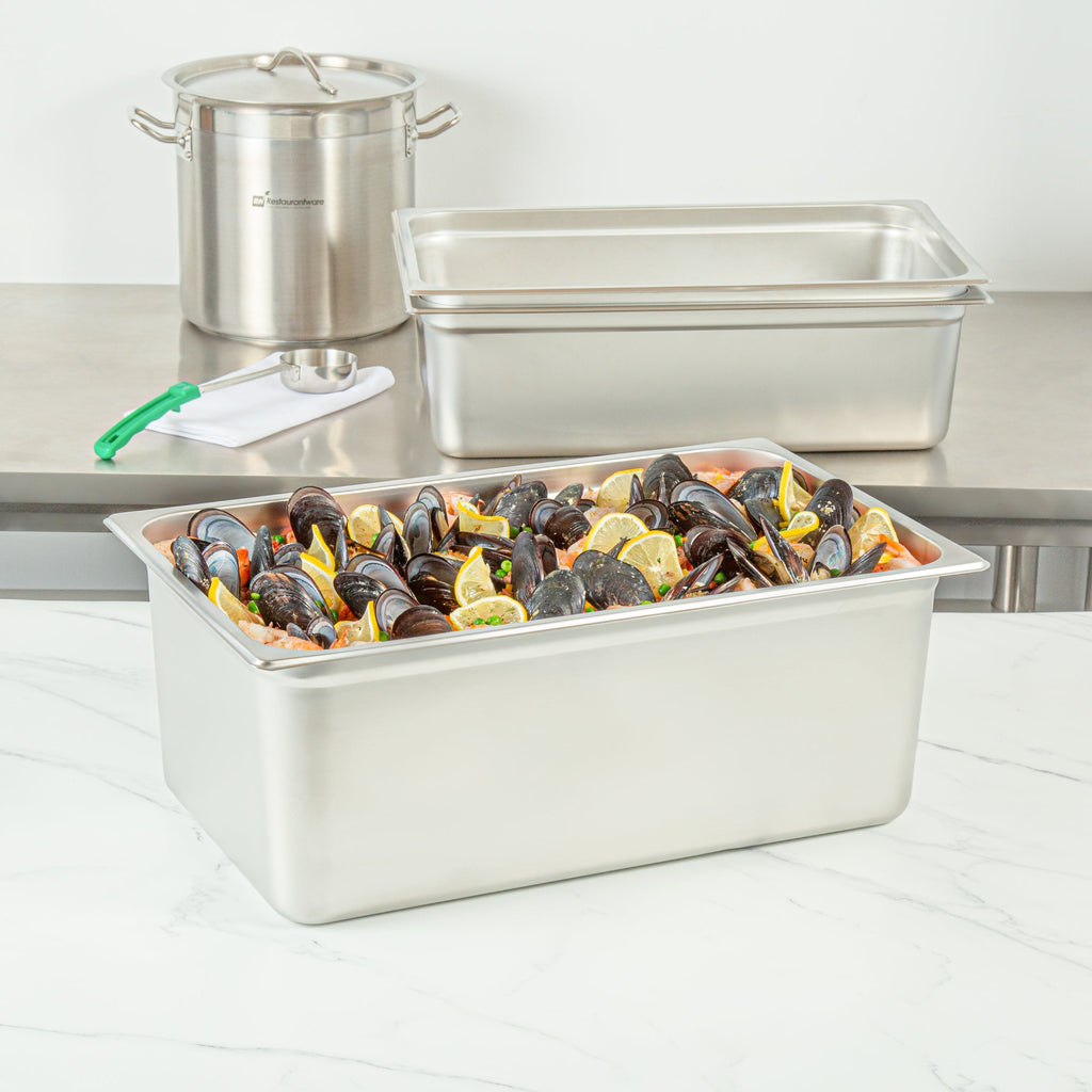 Kitchen Tek Stainless Steel Full Size Steam Table Pan - 8 Inch Deep, Anti Jam, 24 Gauge - 6 count box
