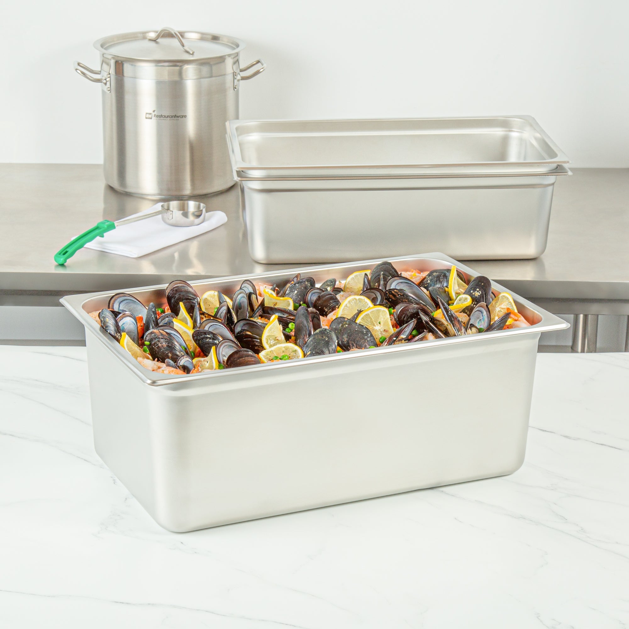 Kitchen Tek Stainless Steel Full Size Steam Table Pan - 8 Inch Deep, Anti Jam, 24 Gauge - 6 count box