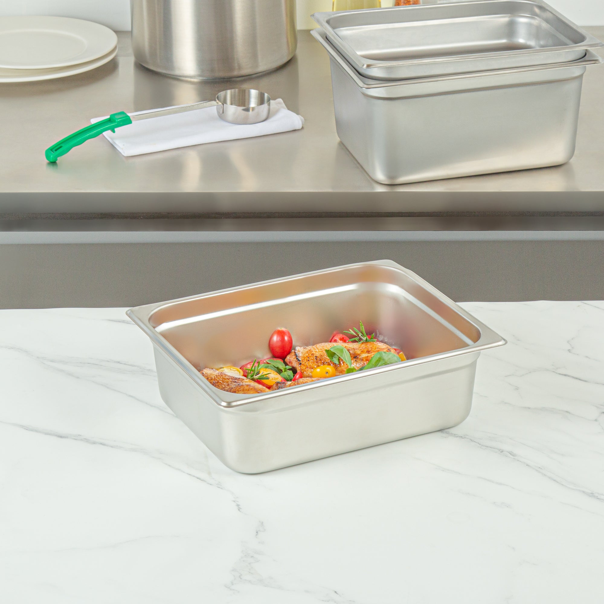 Kitchen Tek Stainless Steel 1/2 Size Steam Table Pan - 4 Inch Deep, Anti Jam, 24 Gauge - 6 count box