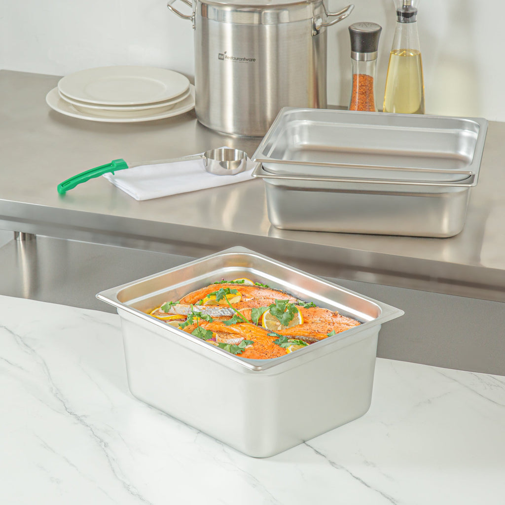 Kitchen Tek Stainless Steel 1/2 Size Steam Table Pan - 6 Inch Deep, Anti Jam, 24 Gauge - 6 count box