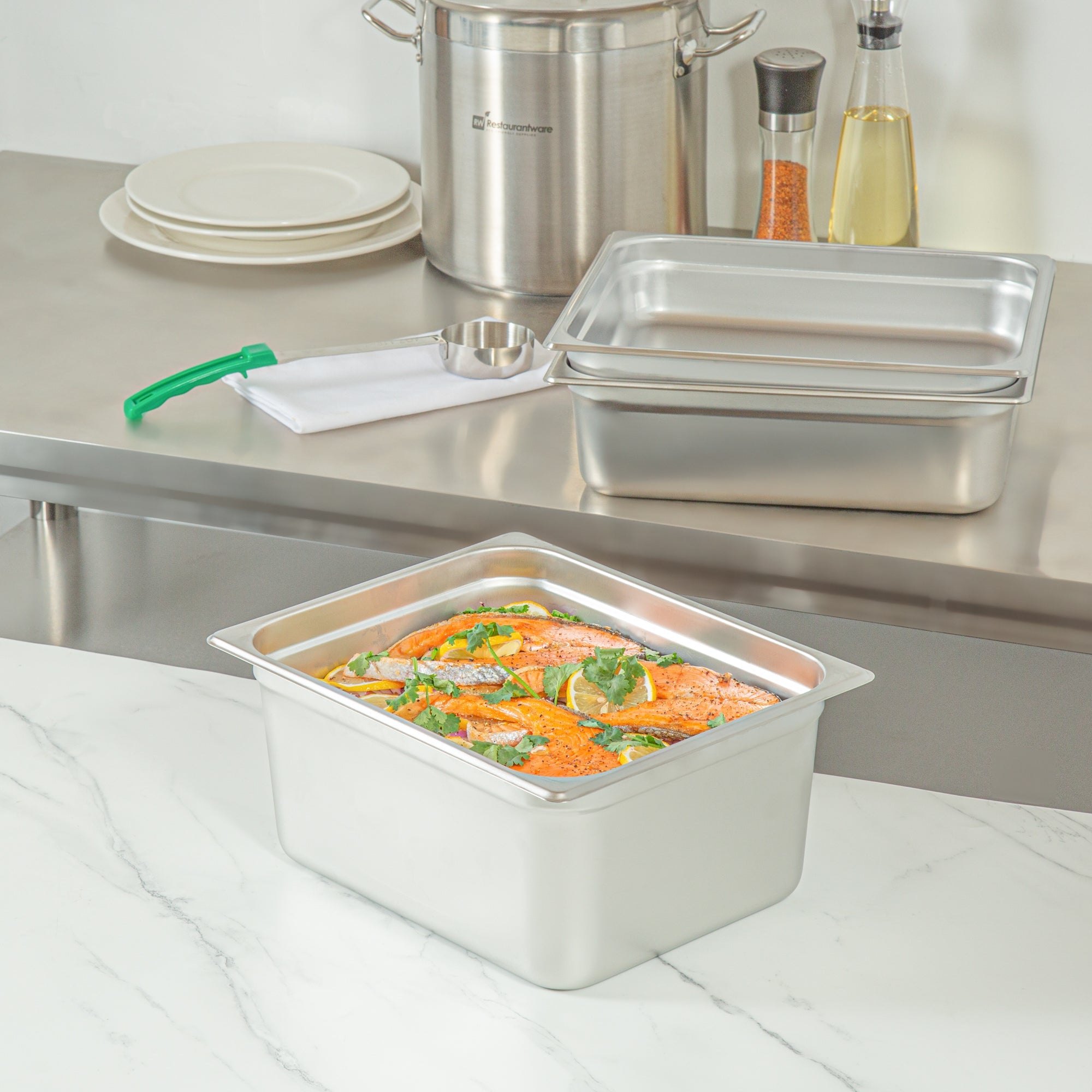 Kitchen Tek Stainless Steel 1/2 Size Steam Table Pan - 6 Inch Deep, Anti Jam, 24 Gauge - 6 count box