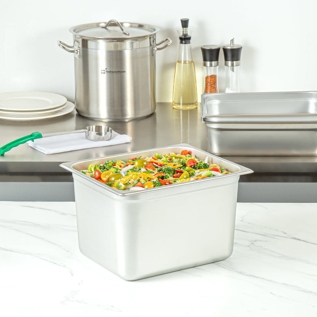 Kitchen Tek Stainless Steel 1/2 Size Steam Table Pan - 8 Inch Deep, Anti Jam, 24 Gauge - 6 count box