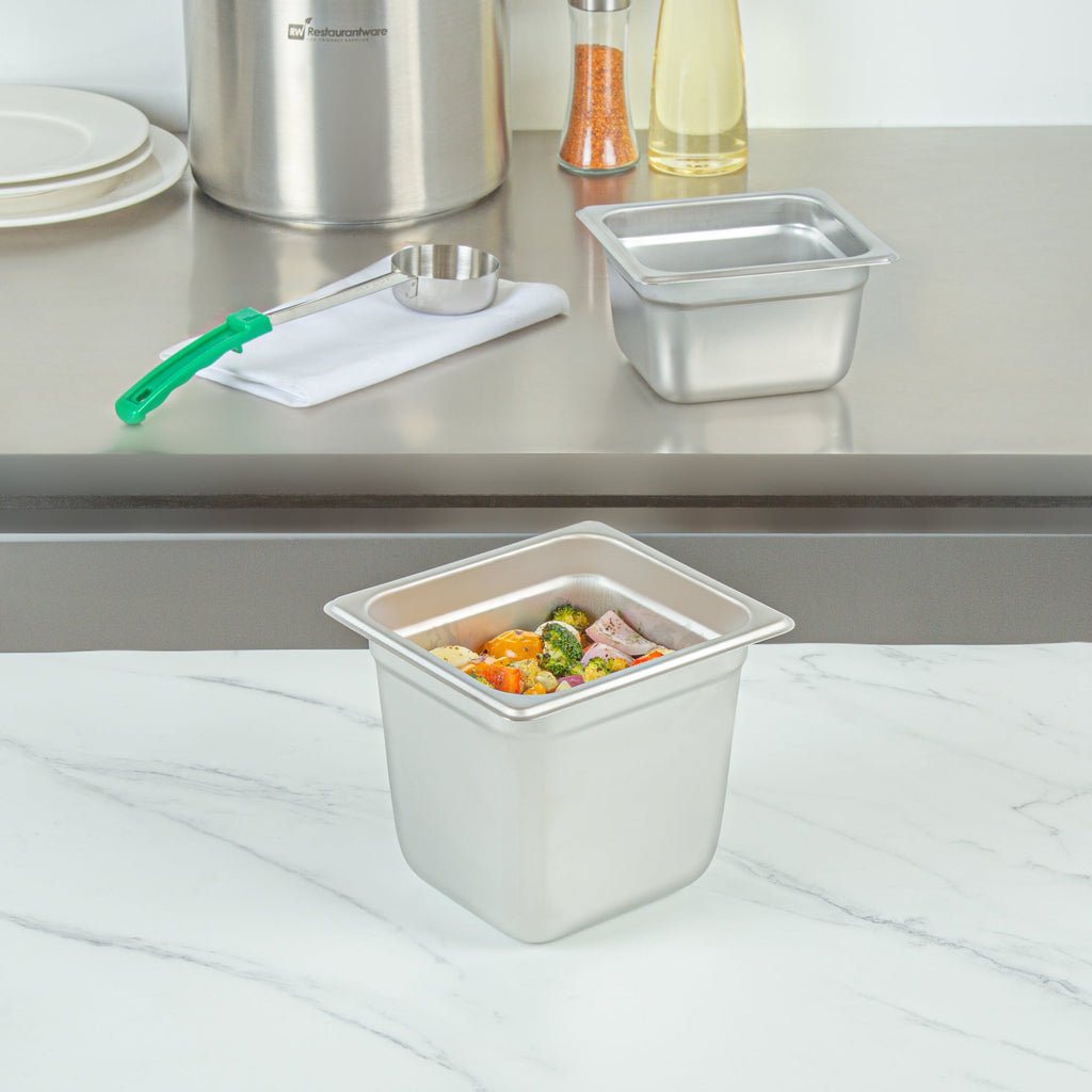 Kitchen Tek Stainless Steel 1/6 Size Steam Table Pan - 6 Inch Deep, Anti Jam, 24 Gauge - 12 count box