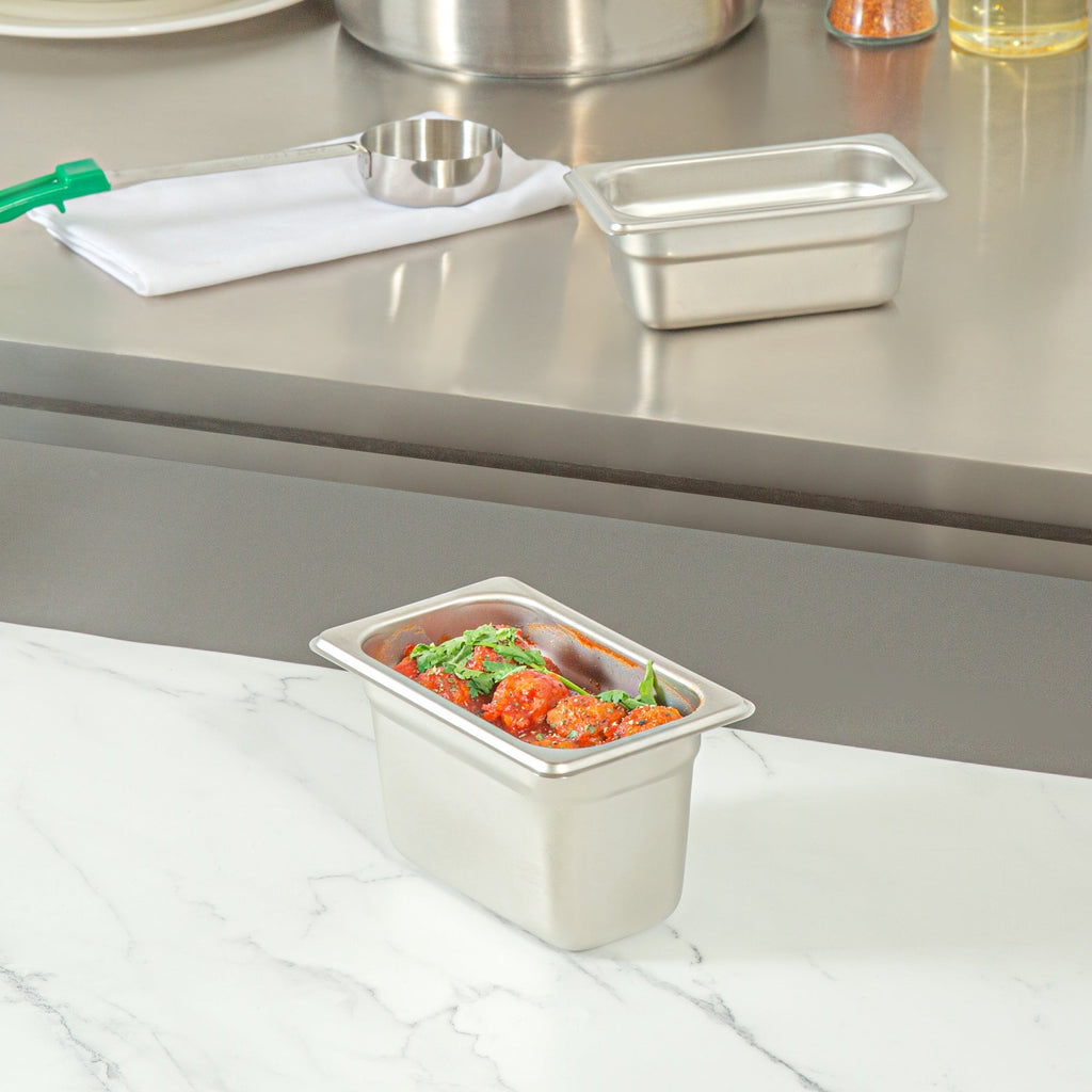 Kitchen Tek Stainless Steel 1/9 Size Steam Table Pan - 4 Inch Deep, Anti Jam, 24 Gauge - 12 count box
