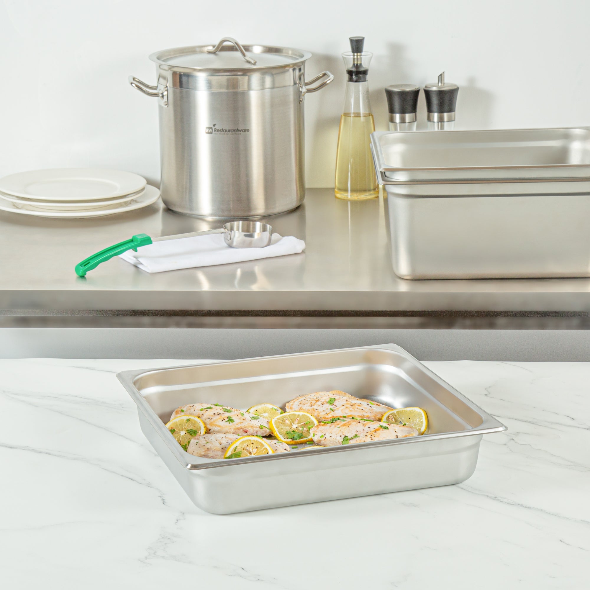 Kitchen Tek Stainless Steel 2/3 Size Steam Table Pan - 2 1/2 Inch Deep, Anti Jam, 24 Gauge - 12 count box