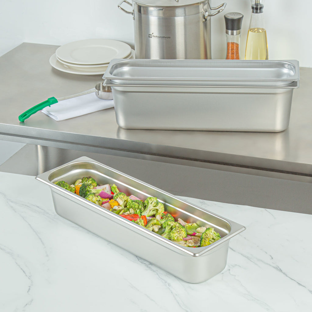 Kitchen Tek Stainless Steel 1/2 Size Long Steam Table Pan - 4 Inch Deep, Anti Jam, 24 Gauge - 6 count box