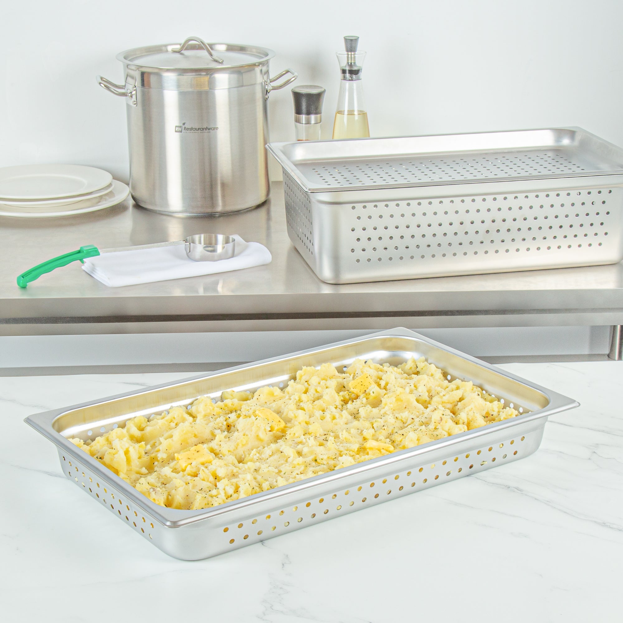 Kitchen Tek Stainless Steel Full Size Steam Table Pan - 2 1/2 Inch Deep, Perforated, Anti Jam, 24 Gauge - 6 count box