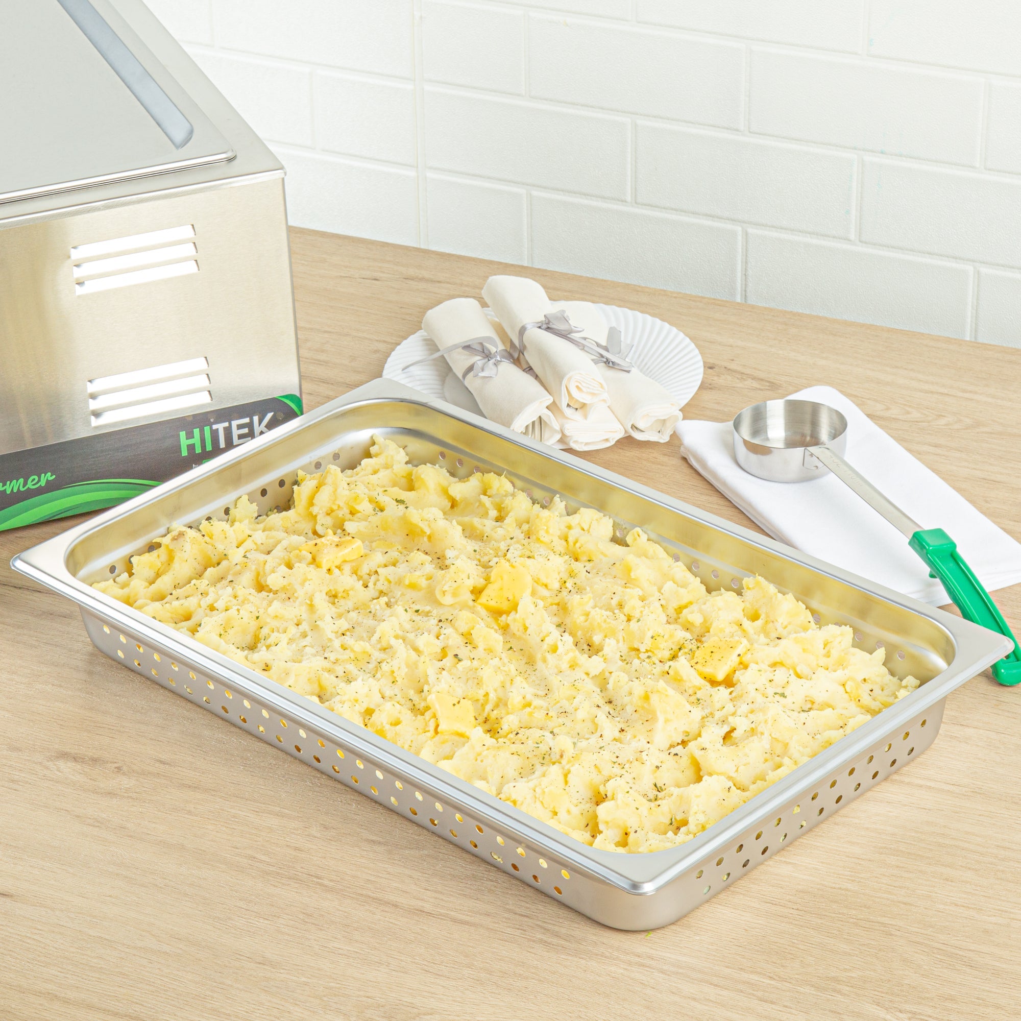 Kitchen Tek Stainless Steel Full Size Steam Table Pan - 2 1/2 Inch Deep, Perforated, Anti Jam, 24 Gauge - 6 count box