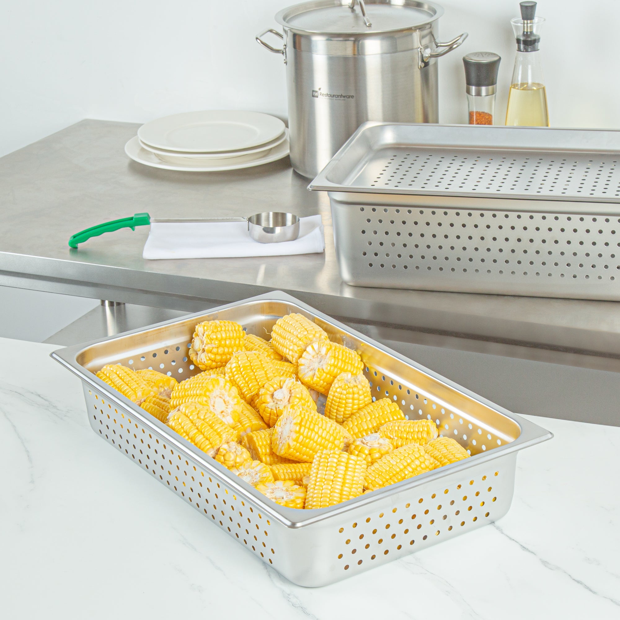 Kitchen Tek Stainless Steel Full Size Steam Table Pan - 4 Inch Deep, Perforated, Anti Jam, 24 Gauge - 6 count box