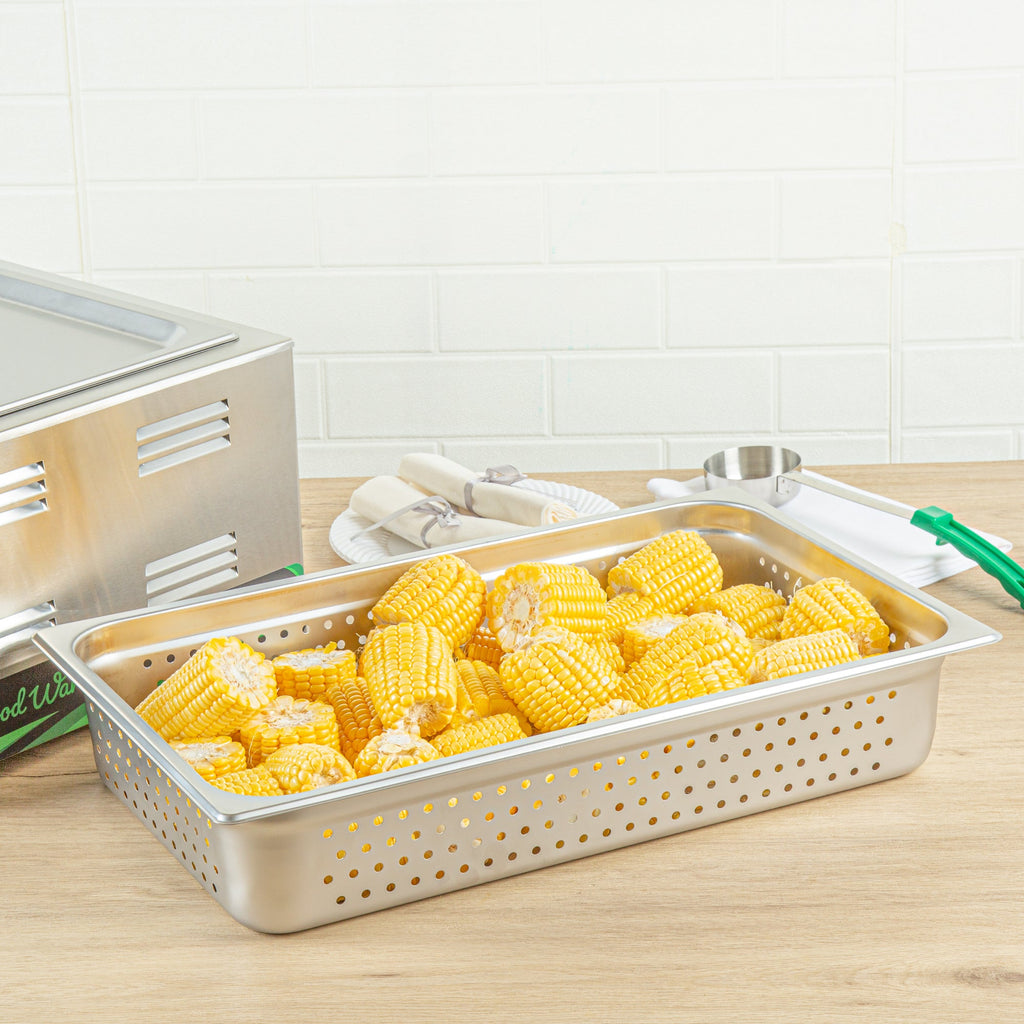 Kitchen Tek Stainless Steel Full Size Steam Table Pan - 4 Inch Deep, Perforated, Anti Jam, 24 Gauge - 6 count box