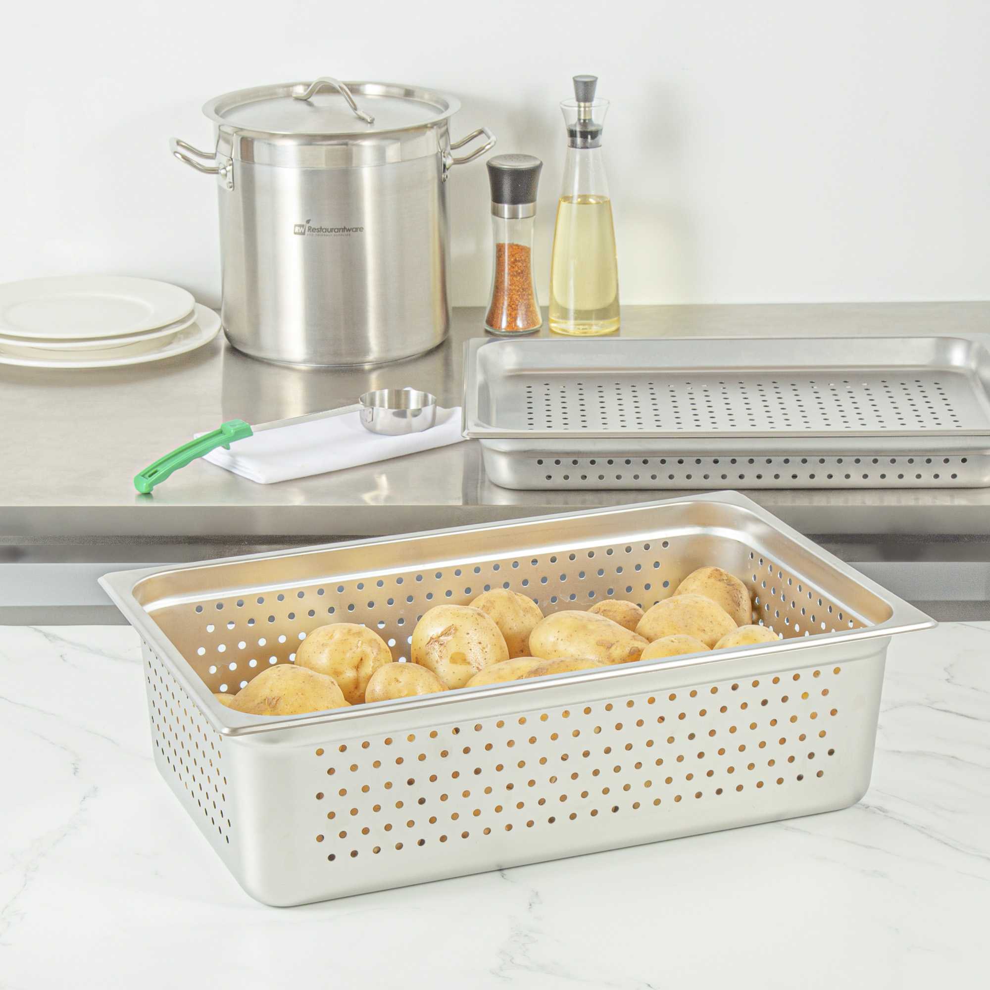 Kitchen Tek Stainless Steel Full Size Steam Table Pan - 6 Inch Deep, Perforated, Anti Jam, 24 Gauge - 1 count box
