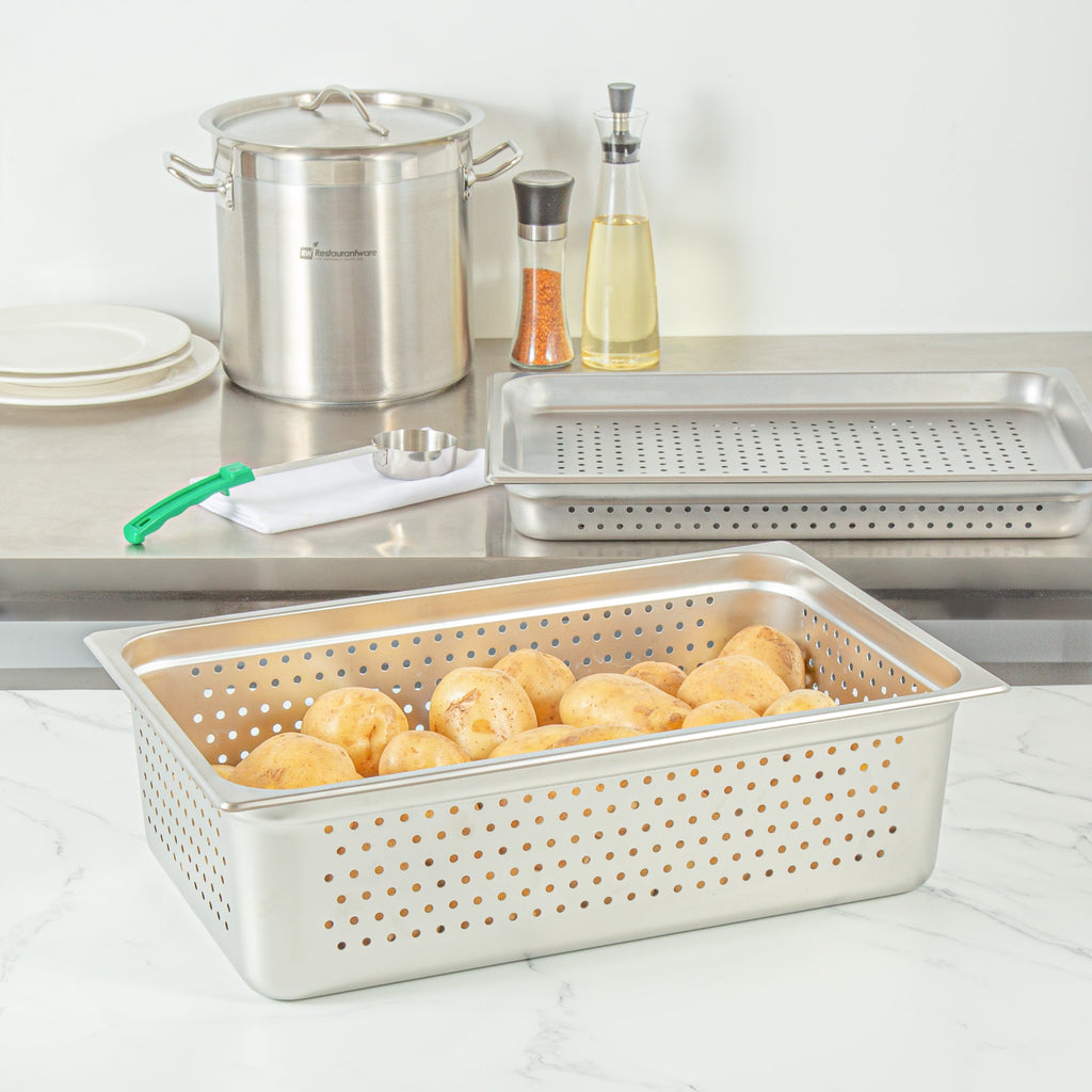 Kitchen Tek Stainless Steel Full Size Steam Table Pan - 6 Inch Deep, Perforated, Anti Jam, 24 Gauge - 6 count box