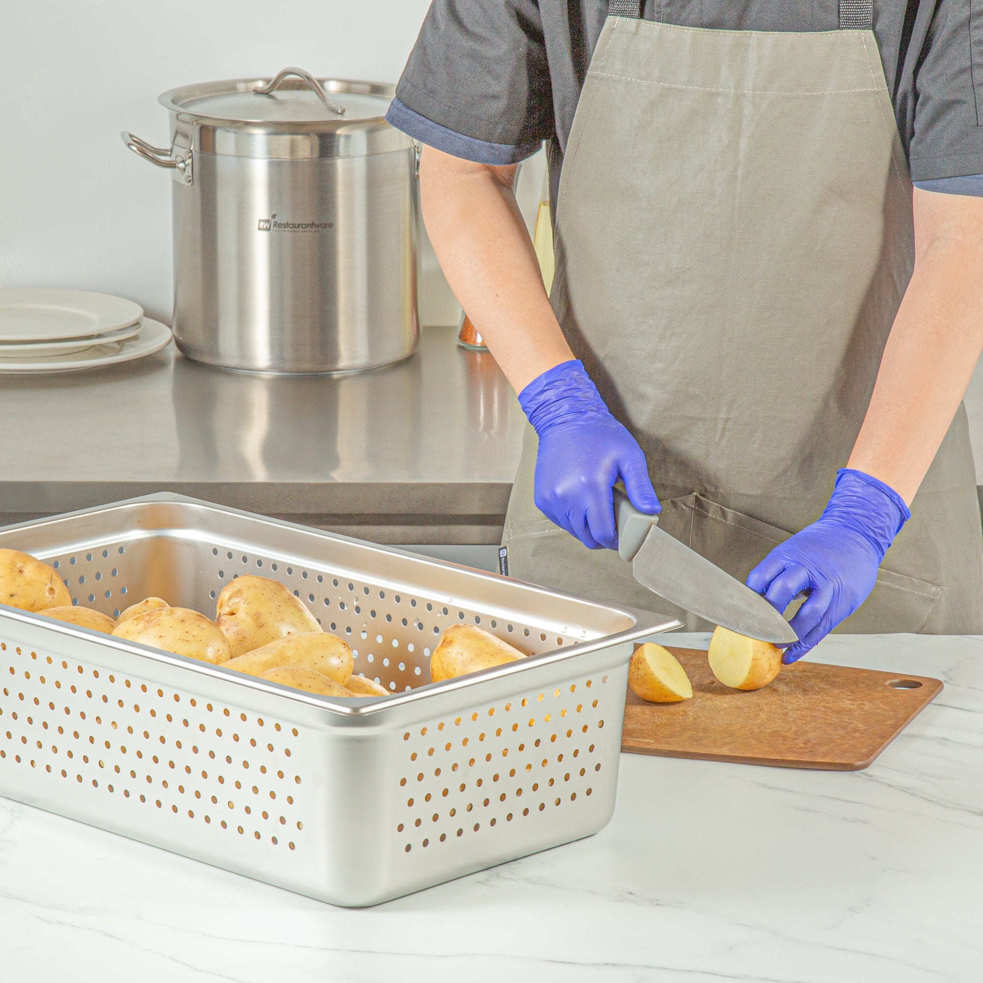 Kitchen Tek Stainless Steel Full Size Steam Table Pan - 6 Inch Deep, Perforated, Anti Jam, 24 Gauge - 6 count box