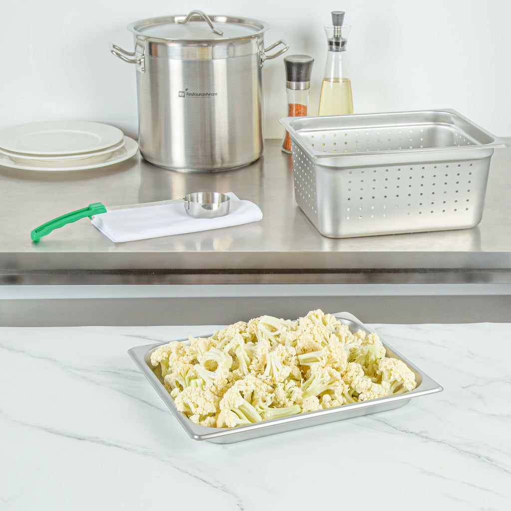 Kitchen Tek Stainless Steel 1/2 Size Steam Table Pan - 1 1/4 Inch Deep, Perforated, Anti Jam, 24 Gauge - 12 count box