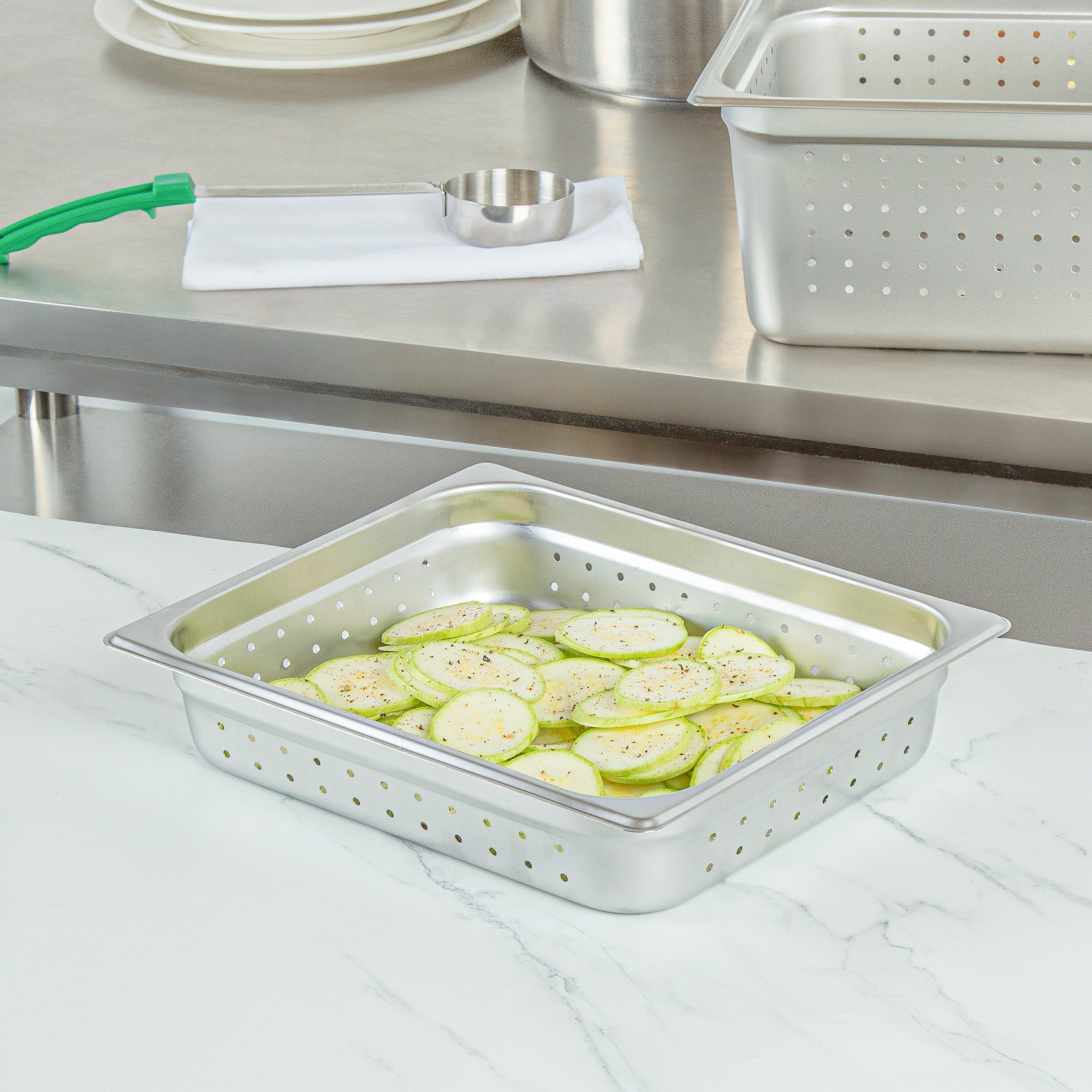 Kitchen Tek Stainless Steel 1/2 Size Steam Table Pan - 2 1/2 Inch Deep, Perforated, Anti Jam, 24 Gauge - 1 count box