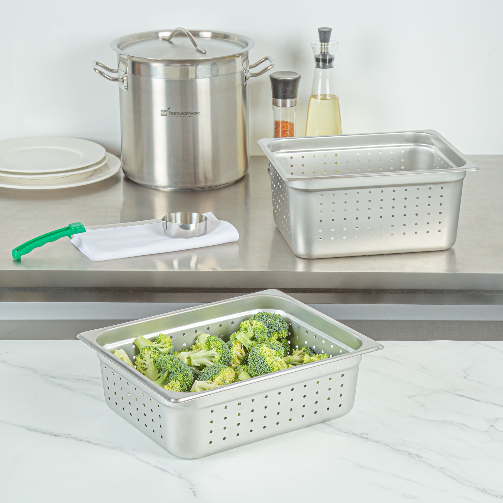 Kitchen Tek Stainless Steel 1/2 Size Steam Table Pan - 4 Inch Deep, Perforated, Anti Jam, 24 Gauge - 6 count box