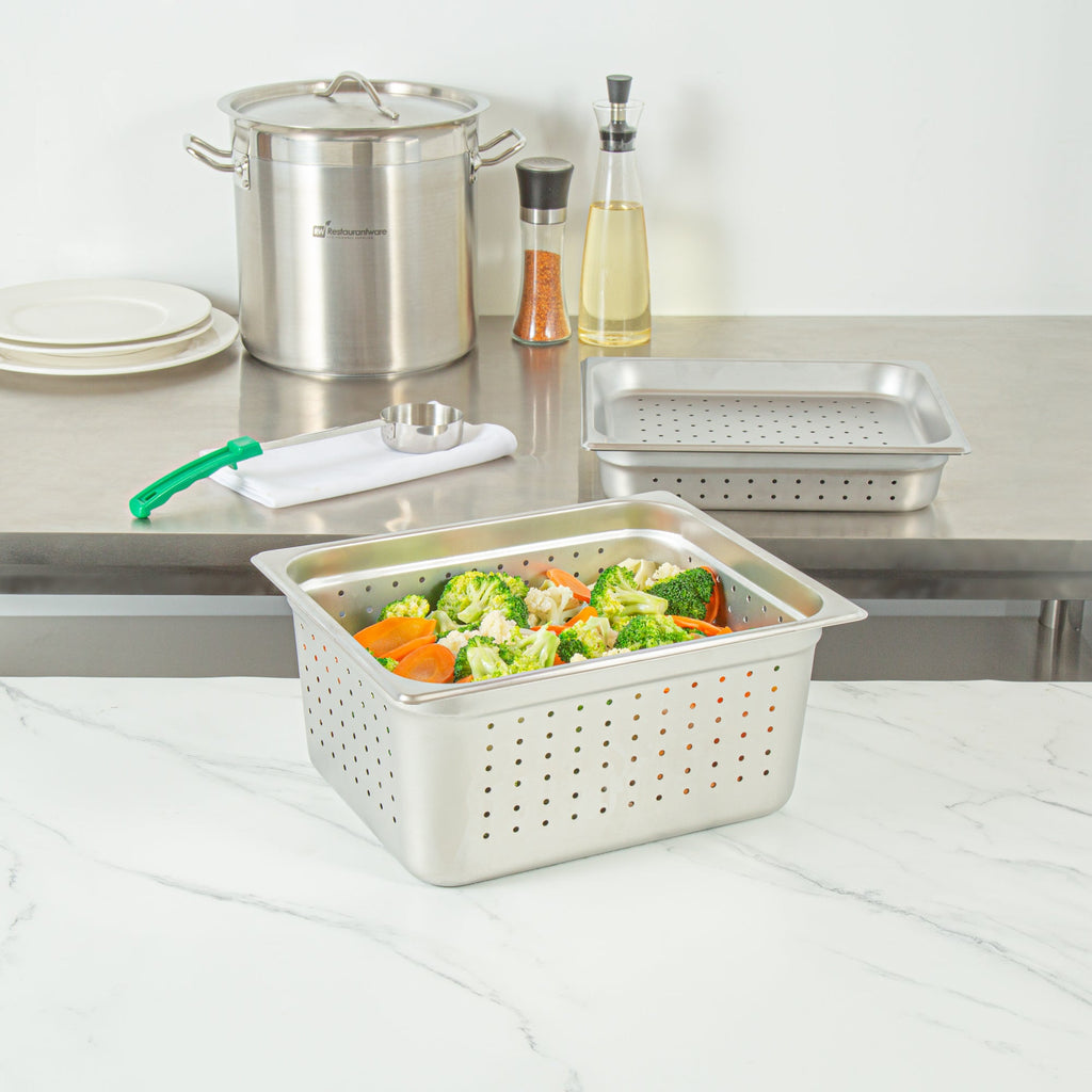 Kitchen Tek Stainless Steel 1/2 Size Steam Table Pan - 6 Inch Deep, Perforated, Anti Jam, 24 Gauge - 6 count box