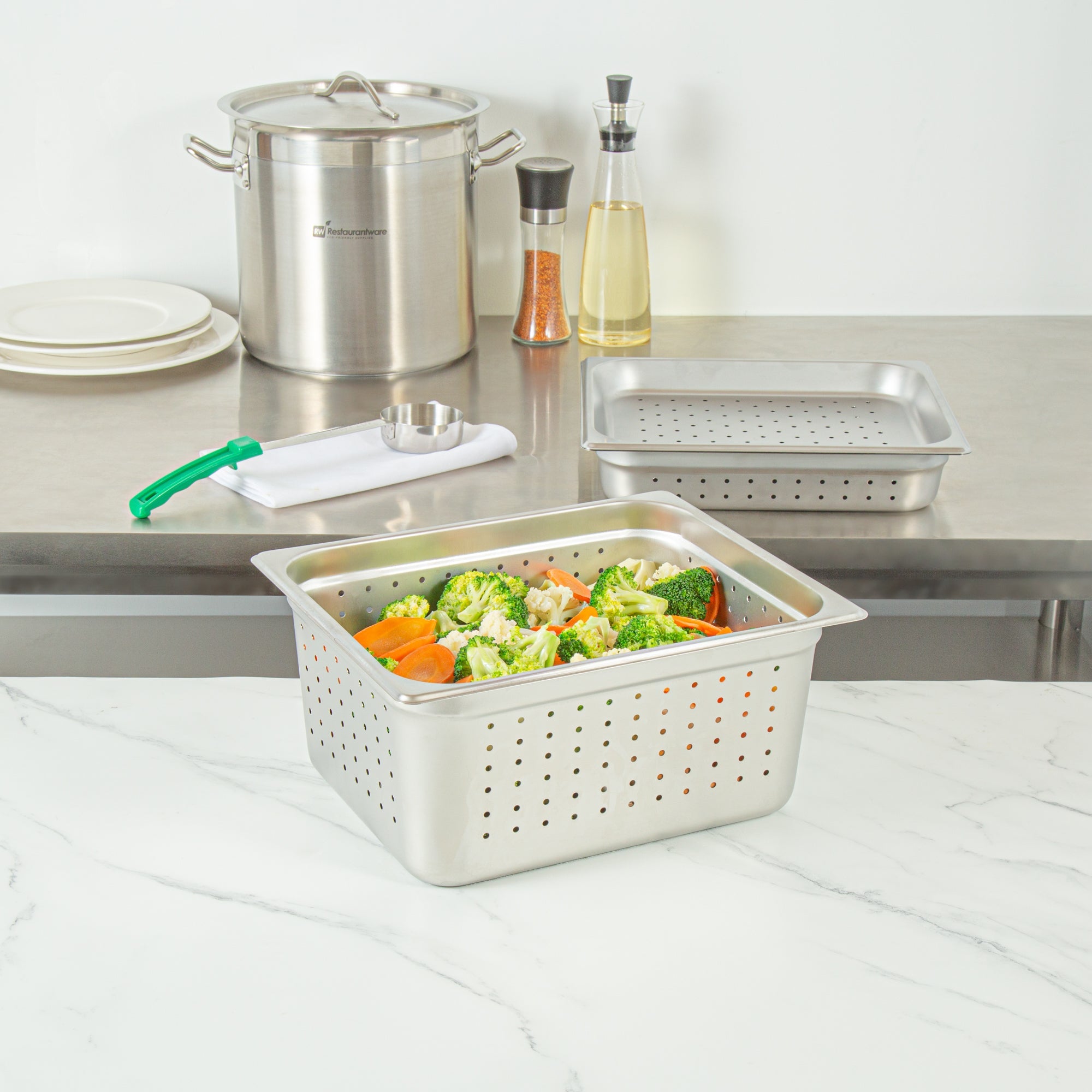 Kitchen Tek Stainless Steel 1/2 Size Steam Table Pan - 6 Inch Deep, Perforated, Anti Jam, 24 Gauge - 6 count box