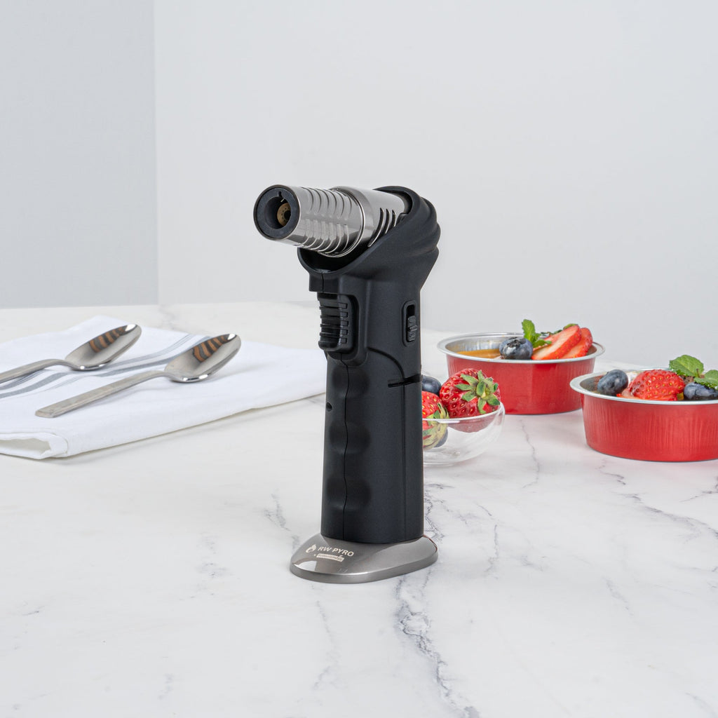 RW Pyro Black Butane Kitchen Torch - Adjustable Dial, Rotating Angle - 4 1/4'' x 2 3/4'' x 6'' - 1 count box