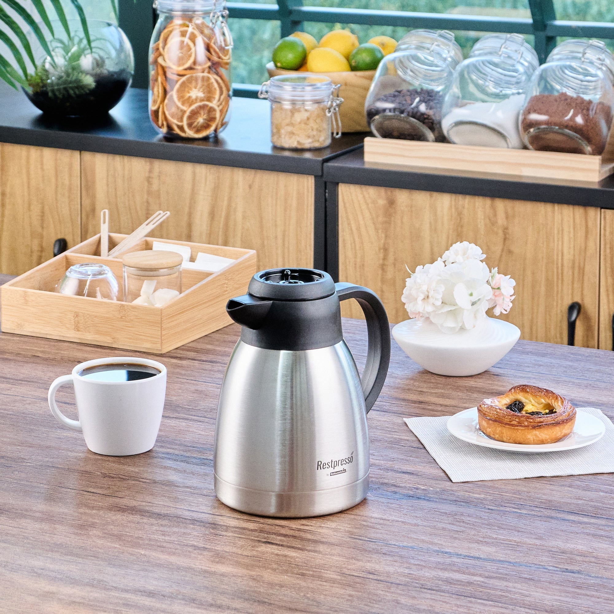 Restpresso 34 oz Insulated Coffee Carafe / Server - with Regular and Decaf Brew Thru Lids - 7 3/4" x 5 1/2" x 7" - 1 count box