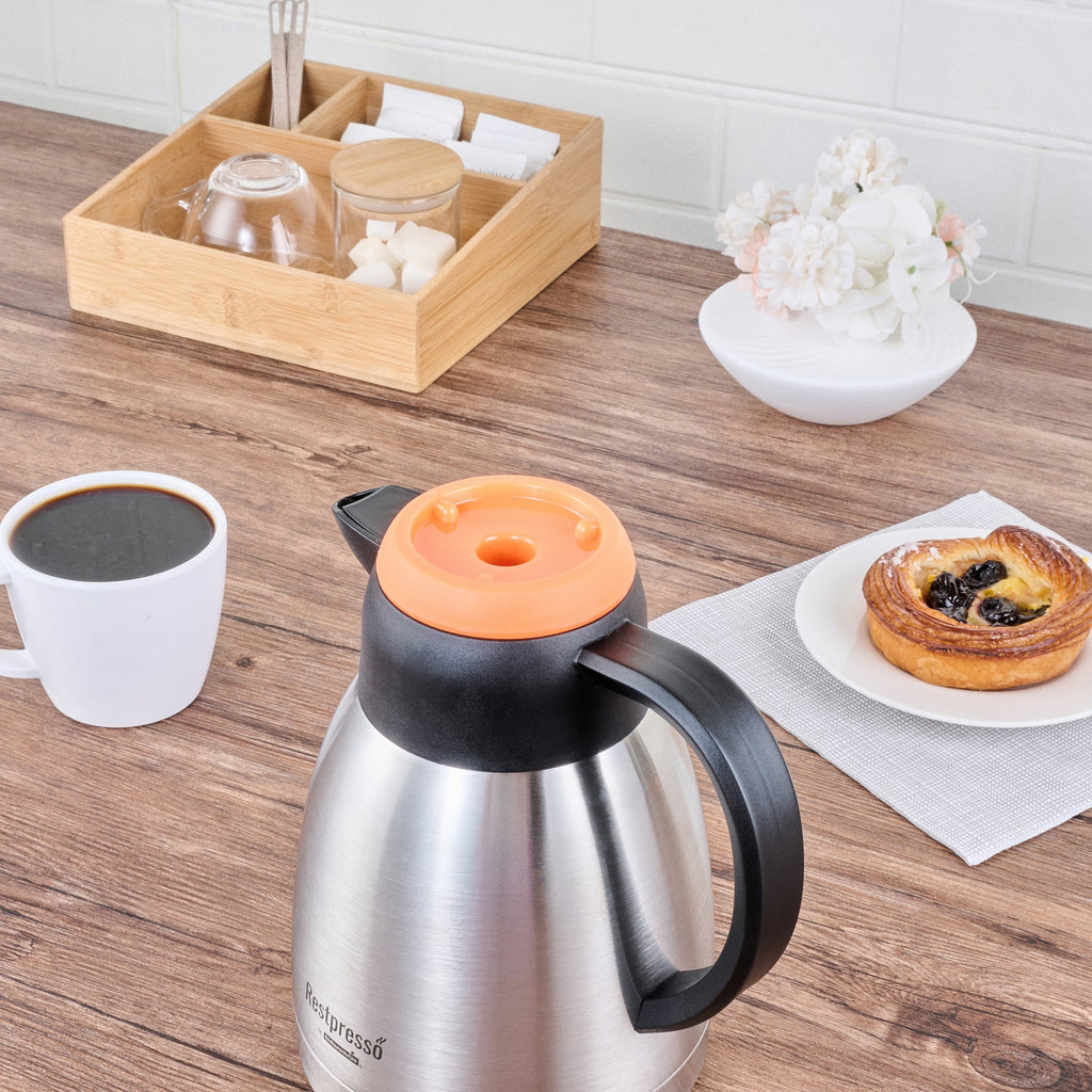 Restpresso 34 oz Insulated Coffee Carafe / Server - with Regular and Decaf Brew Thru Lids - 7 3/4" x 5 1/2" x 7" - 1 count box