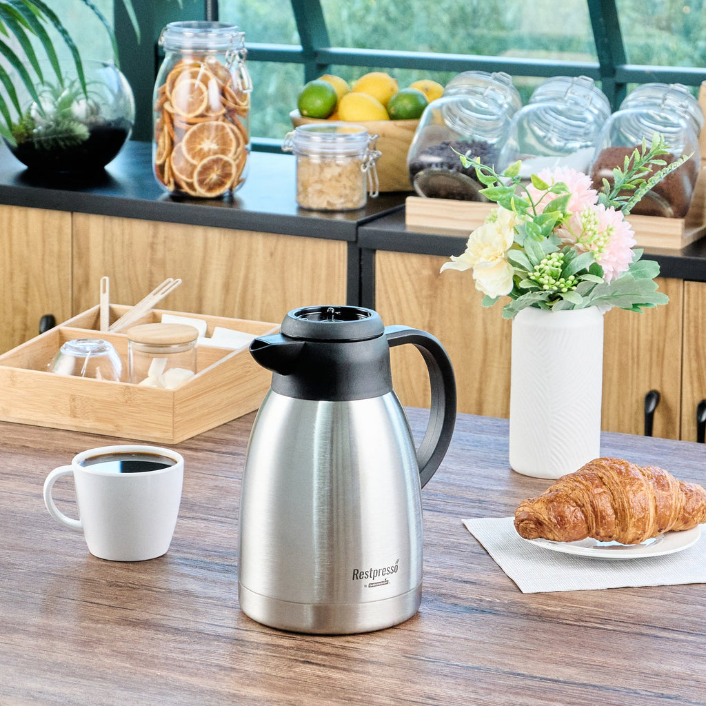 Restpresso 51 oz Insulated Coffee Carafe / Server - with Regular and Decaf Brew Thru Lids - 7 3/4" x 5 1/2" x 8 1/4" - 1 count box